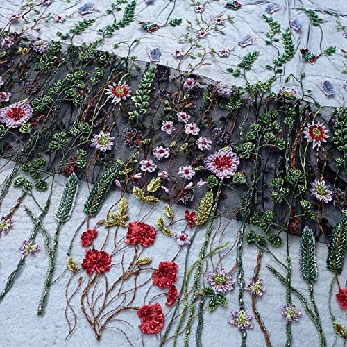 Lace Fabrics 47" Handmade Heavy Beaded Mixed Colors on White/Black Netting Embroidered Dress Embroidery by The Yard (on Black net)