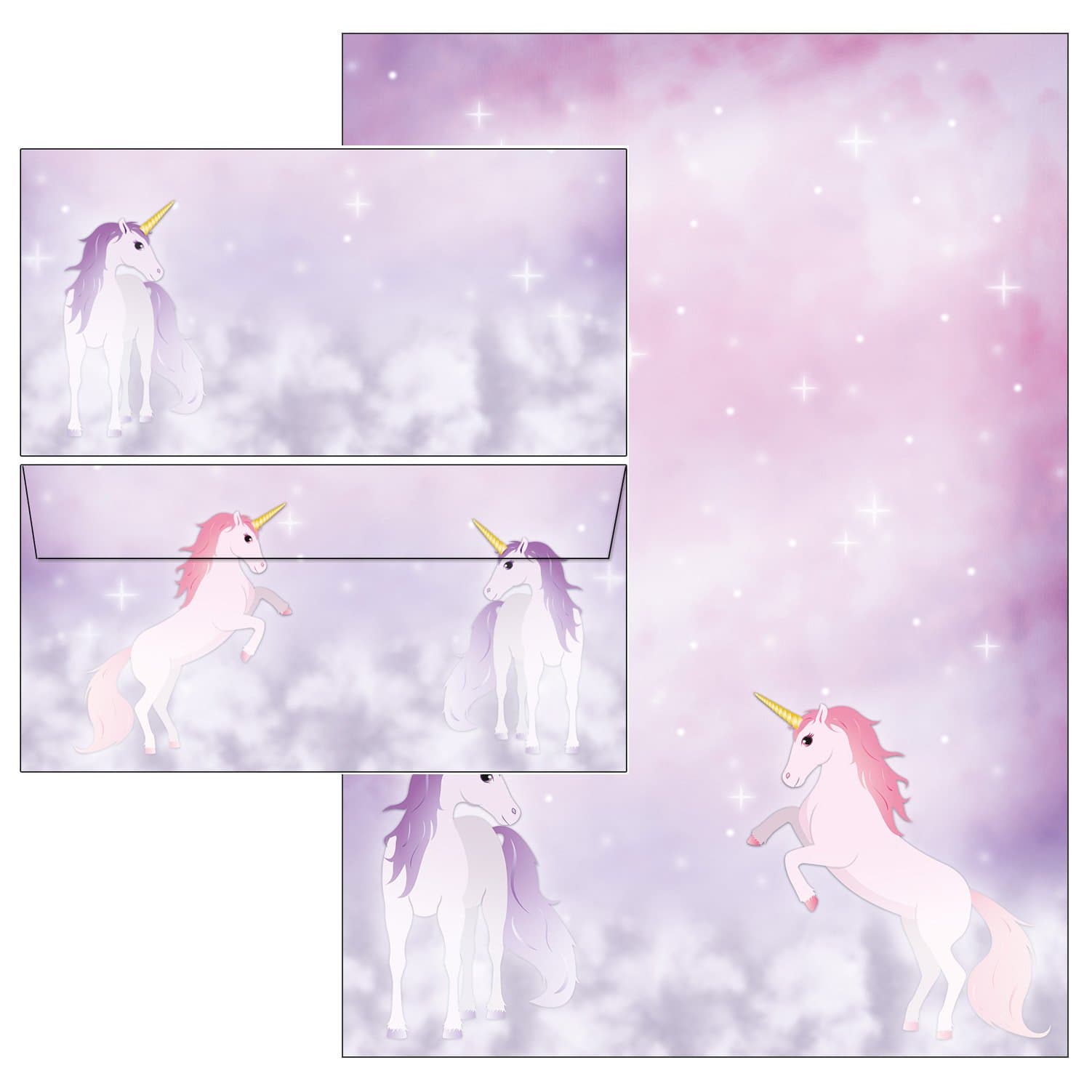 Writing Paper Folder – Magic Unicorn – Set – Letter Paper + Envelopes DIN Long without Window (25 Sheets of Writing Paper + 20 Envelopes with Folder)