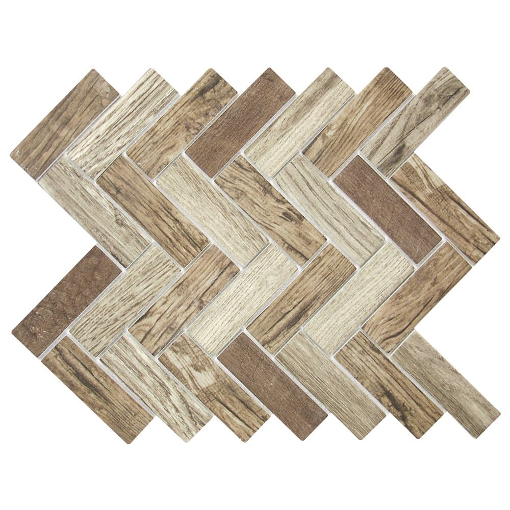 Spigacycle Beige Recycled Glass in Herringbone Wood Pattern - Kitchen Backsplash/Tub Surround/Floor Tile - Wood Caoba Mix (6 Sheets)