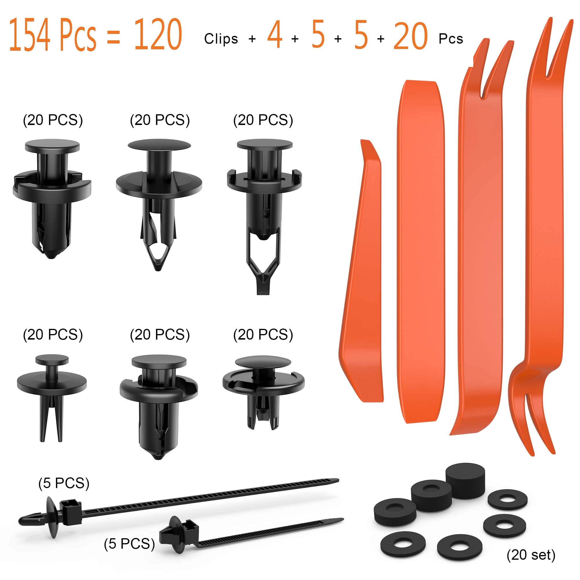 Manfiter Push Retainer Clips and Plastic Fasteners Kit - 154pcs Resuable Nylon Push Type Retainer Clips 6.3mm 8mm 9mm 10mm Assortment Universal Door Trim Panel Clips Set in Bag