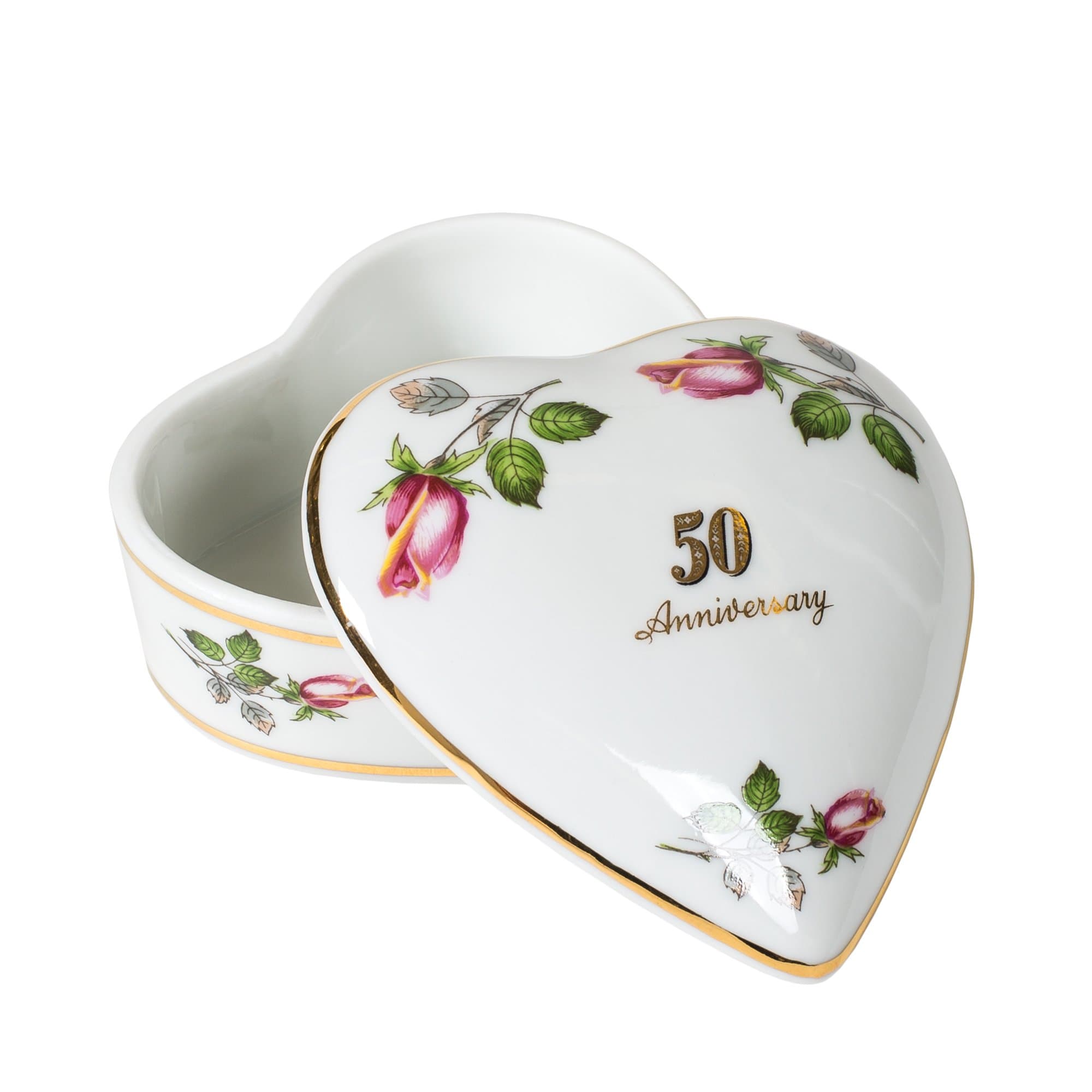 CBE 50th Anniversary Rose Heart Shaped 3 x 3 Inch Porcelain Trinket Jewelry Box