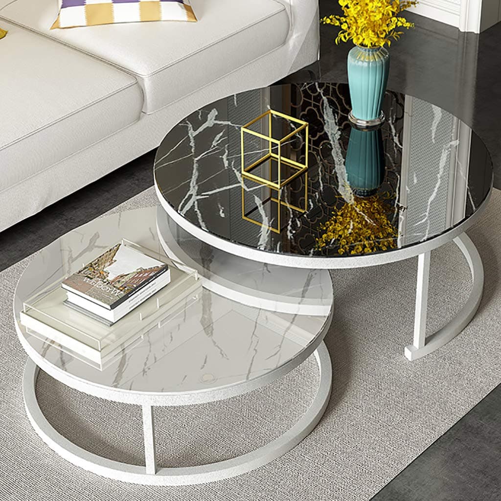 Set Of 2 Stackable Coffee Tables For Living Room, Round Elegant Nest Side Tables, Stacking Marble Texture & Metal Coffee Nesting End Tables
