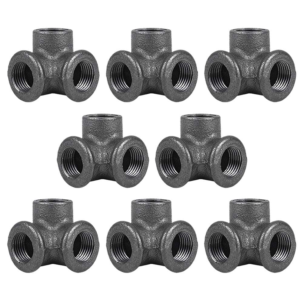 GOOVI 1/2 Inch 3 Way Corner Pipe Fitting, Side Outlet Elbow Industrial Cast Iron Pipe Fitting, for Building Tables, Chairs, Shelving, and DIY Furniture, 8 Pack.