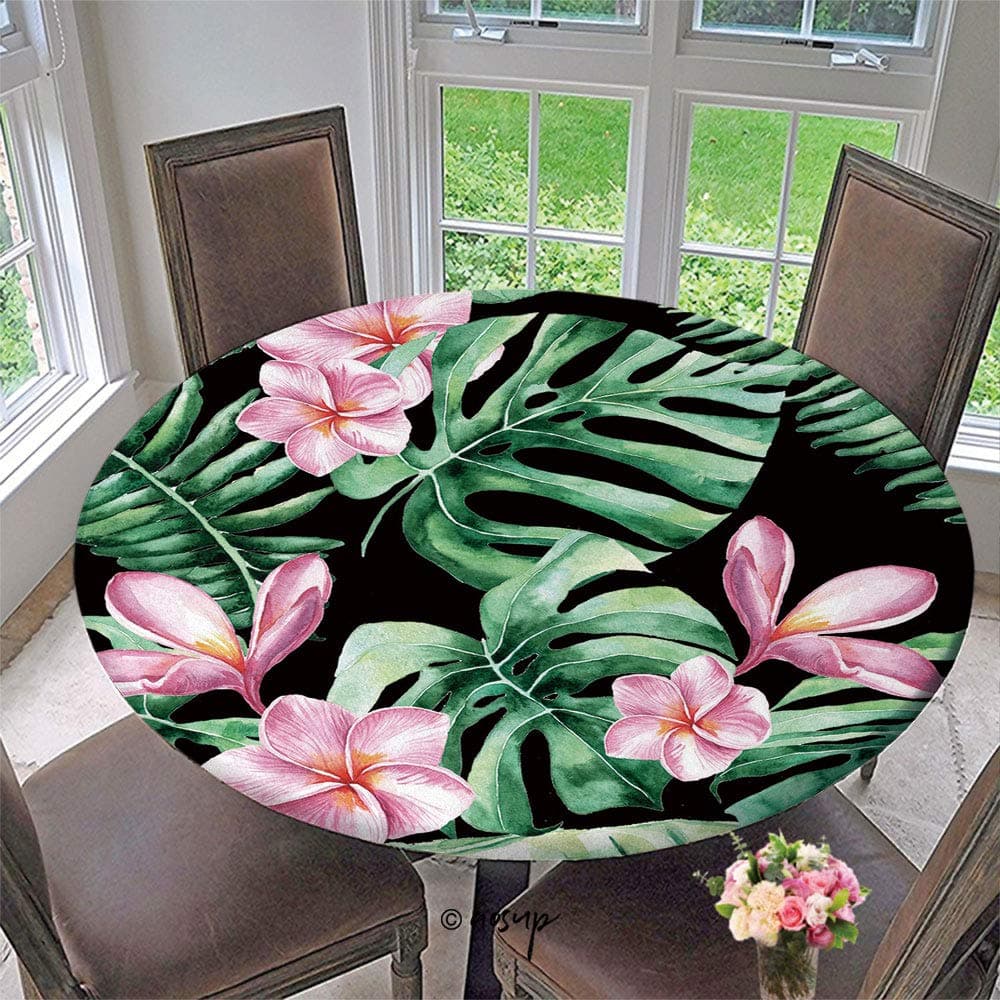 Homenon Elastic Edged Waterproof Table Cover Tablecloths Kitchen Decor, Fits for Round Tables - Background with Tropical Flowers, Palm Leaves, Jungle Leaf, Hibiscus