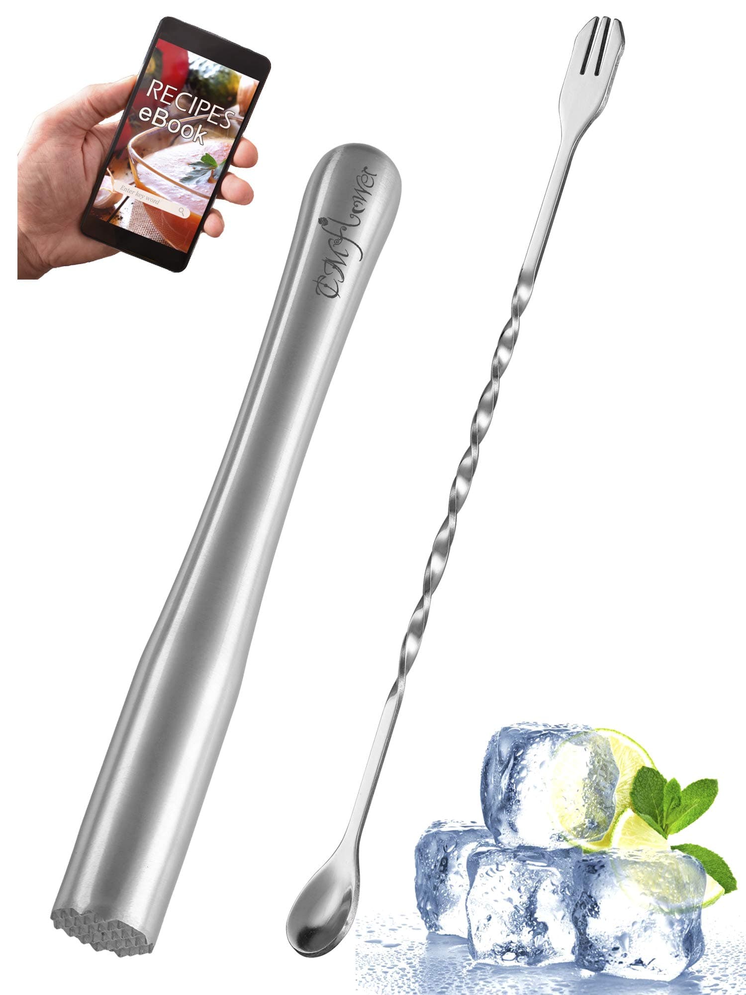 Stainless Steel Cocktail Muddler Set with Mixing Spoon Garnish Fork 9 Inch Drink Muddler Fruit Masher Barware Tool Set for Mojito and Mint Julep in Bar Home Party