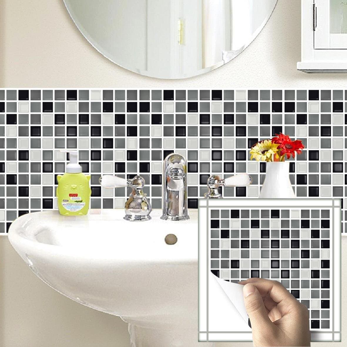 Bepont Mini Mosaic Backsplash Tile self-adhesive tickers 10 x 10 inch Each,2 pc set,Fire Retardant 3D wall sticker for Kitchen and Bathroom Home Decor (Black)