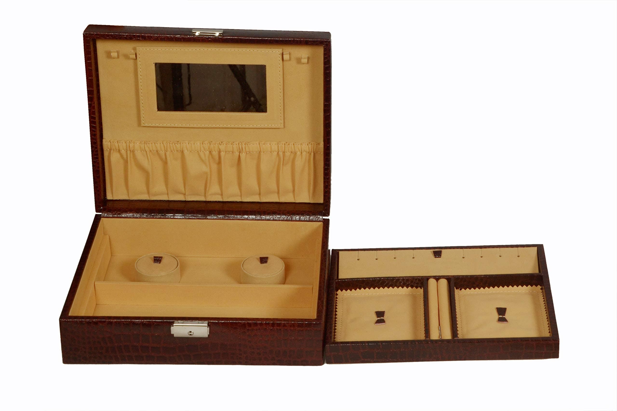 ZINT PURE LEATHER BROWN MULTI-COMPARTMENT JEWELRY BOX KEY LOCK TRINKET CASE RINGS PENDANTS TRAVEL ORGANIZER