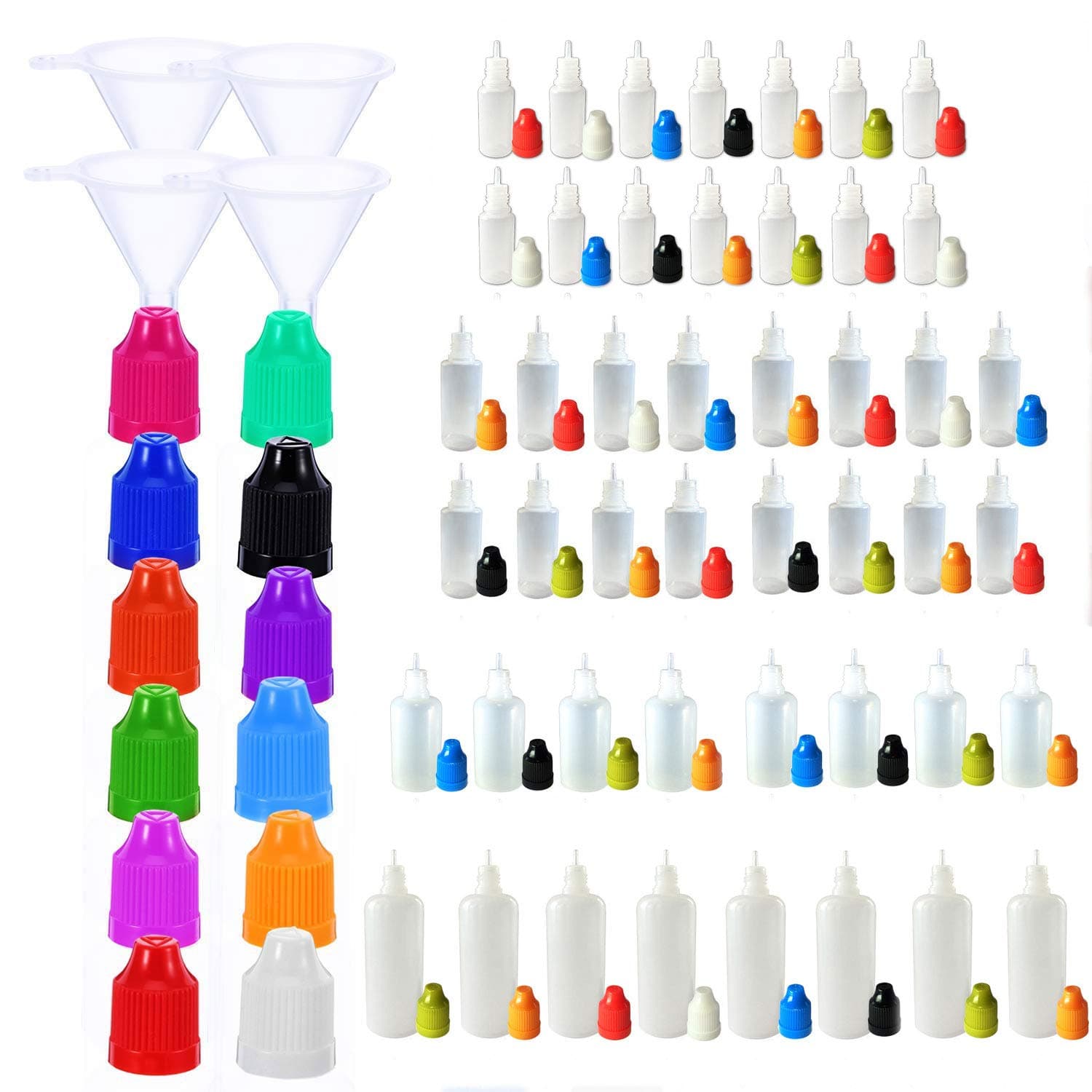 SmaUnicorn LDPE Squeezable Dropper Juice Bottle - 20Pcs x 15ml Empty Eye Liquid Droppers Plastic Containers + Mixed Color Childproof Caps + Funnels