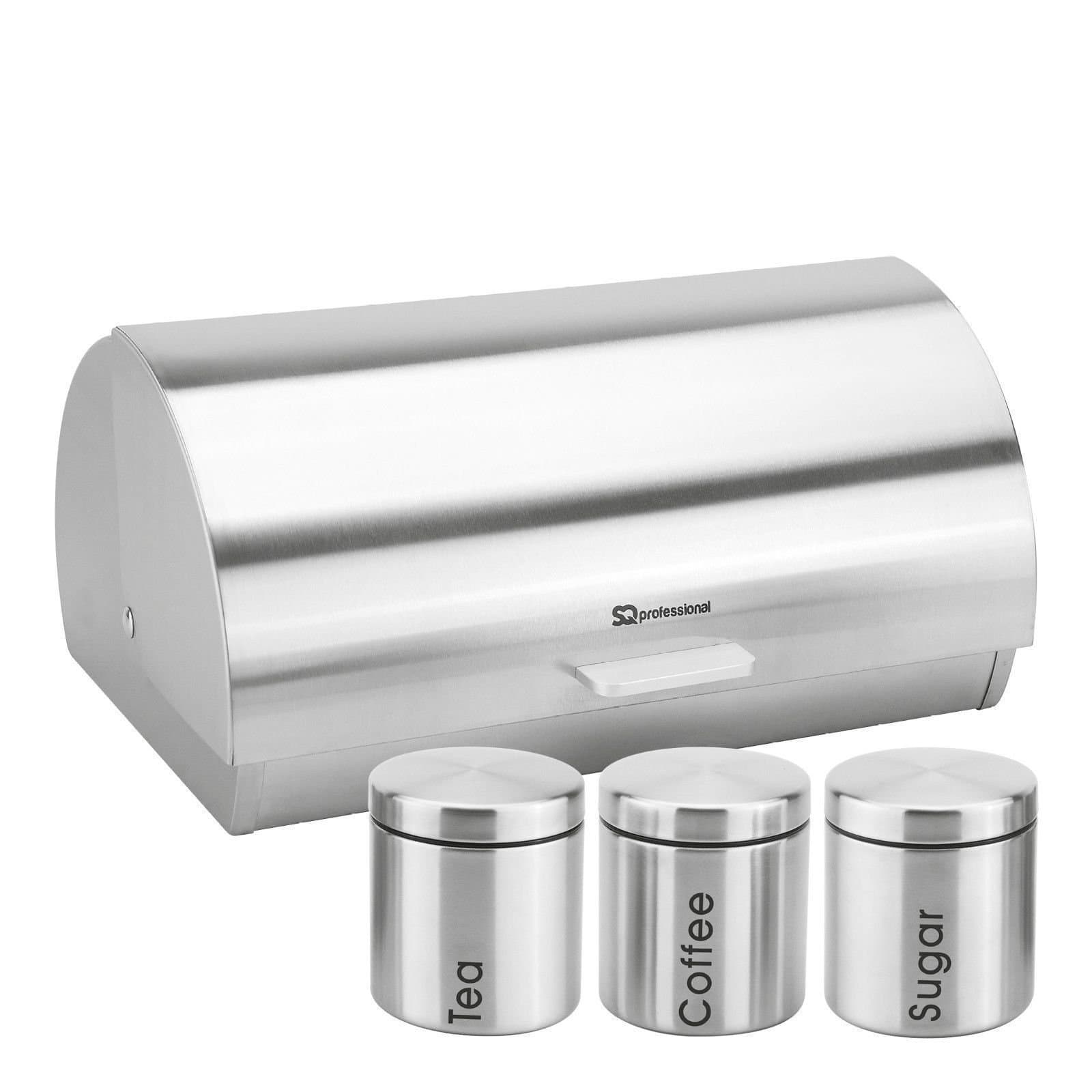Metallic Tea Coffee Sugar Storage Canister Tin Jar Pot Container & Bread Bin Set Silver