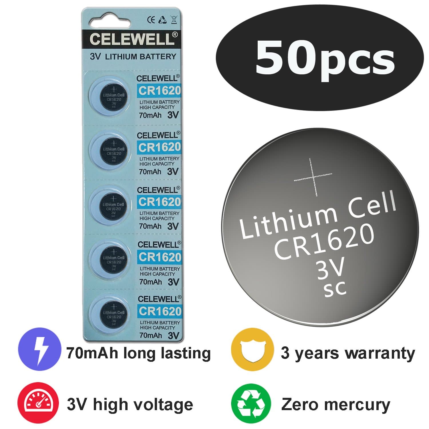 Bulk 50 Pack CR1620 3V Battery Lithium Coin Button Cell CELEWELL