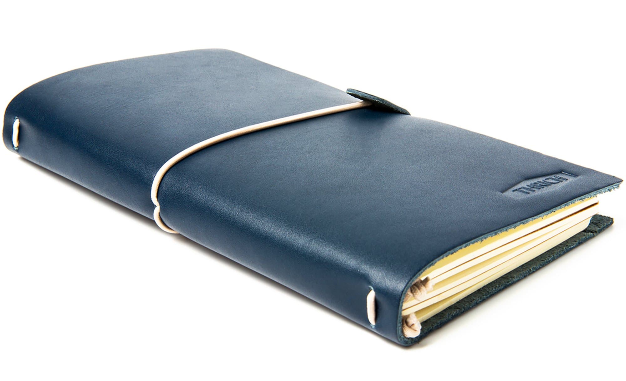 THRICH Handmade Travelers Journal Notebook with Elastic Band, Leather, Refillable, Navy Blue