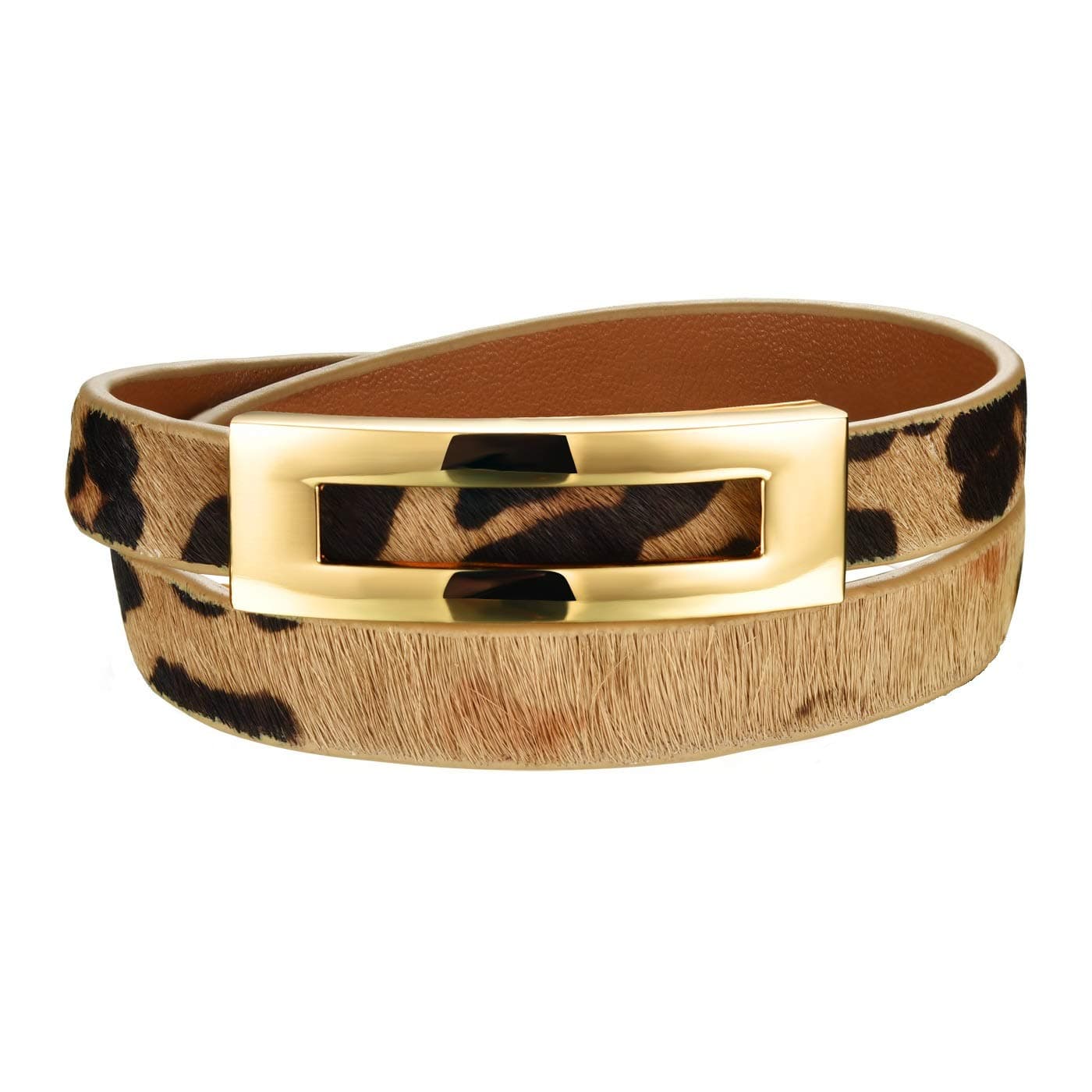 bigsoho Black/Brown/Leopard Print Leather Adjustable Wrap Bangle Belt Style w/Golden Alloy Frame Women Bracelet 6.29"-7.08"