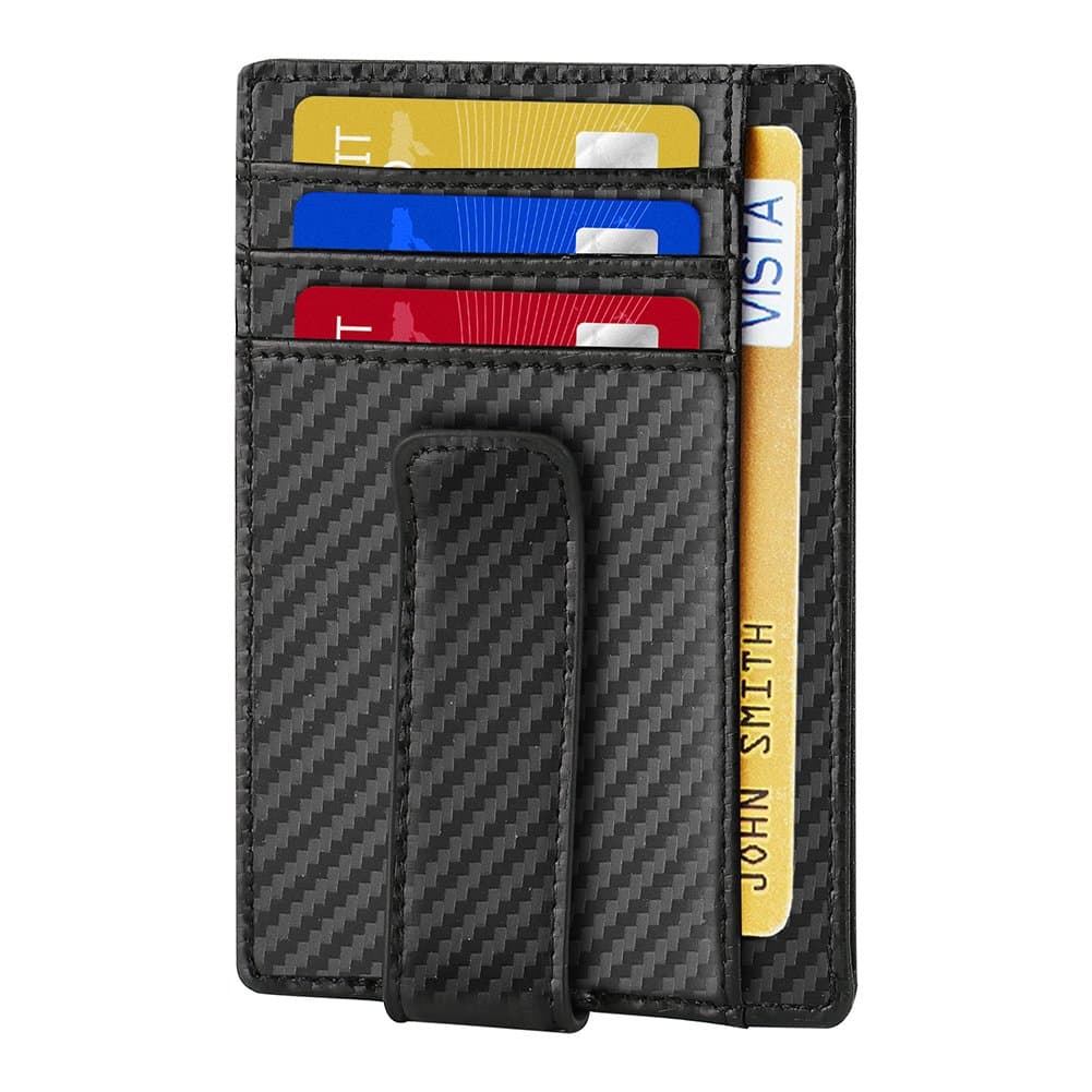 RFID Blocking Money Clip Wallet, Slim Minimalist Leather Wallets for Men (Black, Carbon Fiber)