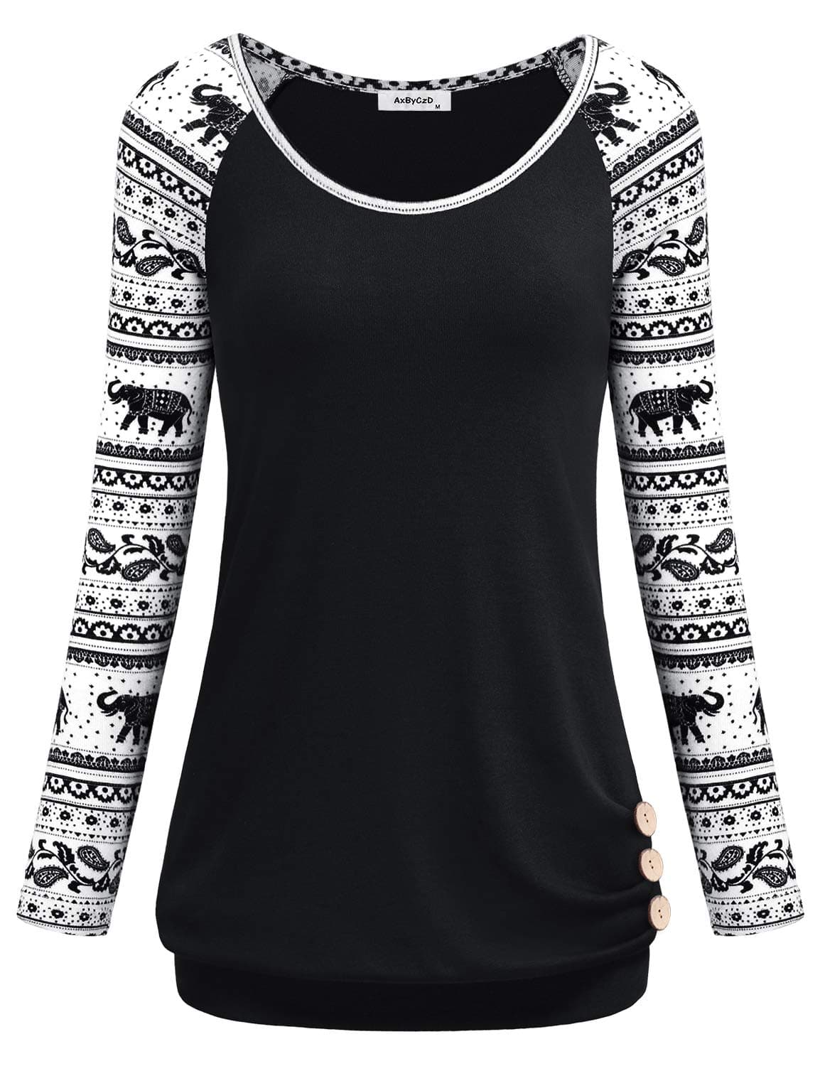 Women's Long Raglan Sleeve Round Neck Elephant Printed Button Sweatshirts Tunic Blouses Tops