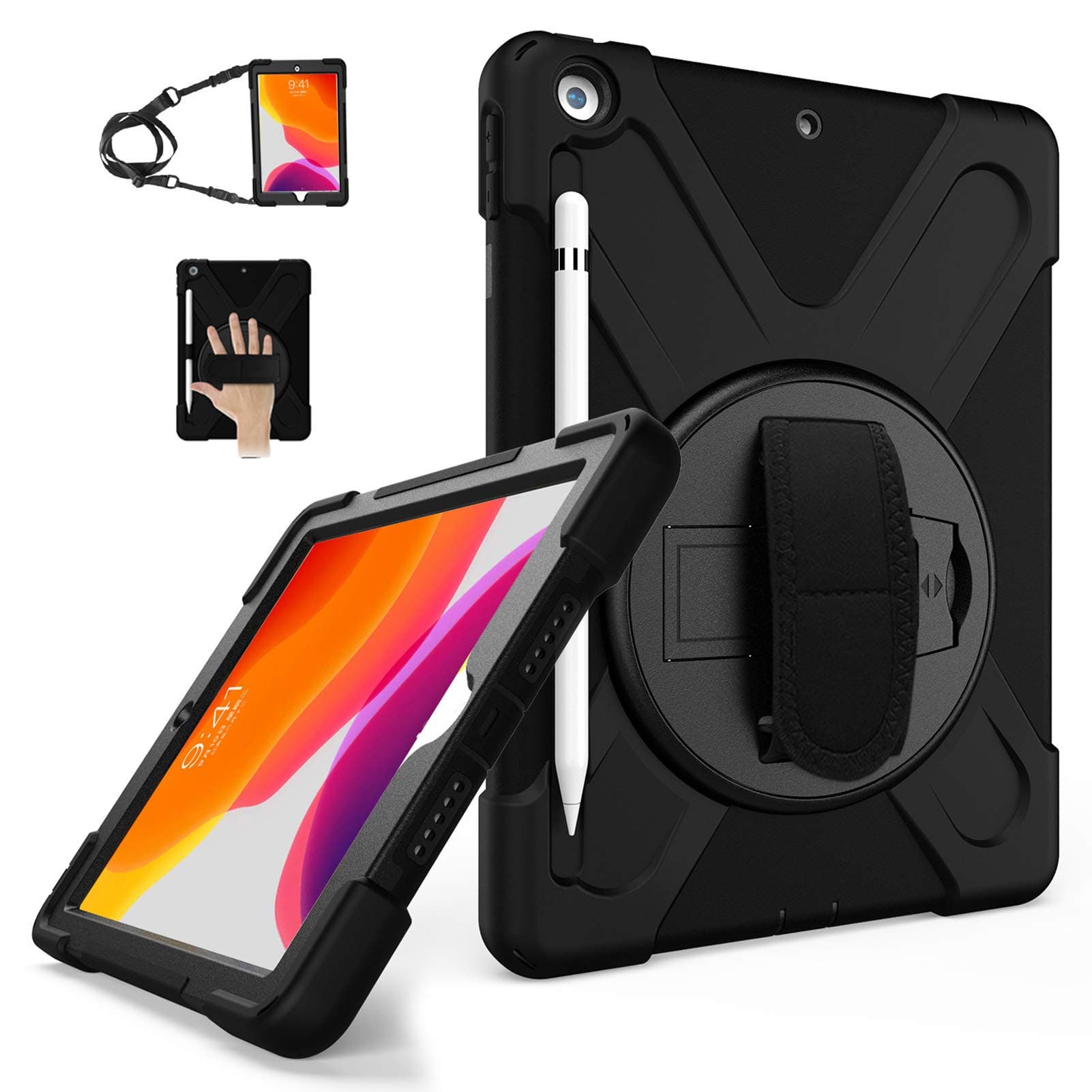 TSQ iPad 10.2 Case 2021/2020/2019 w/Pencil Holder | TSQ iPad 9th/8th/7th Generation Case Heavy Duty Shockproof Durable Protective Case w/Stand Hand Shoulder Strap for iPad 7th/8th/9th Gen,Black