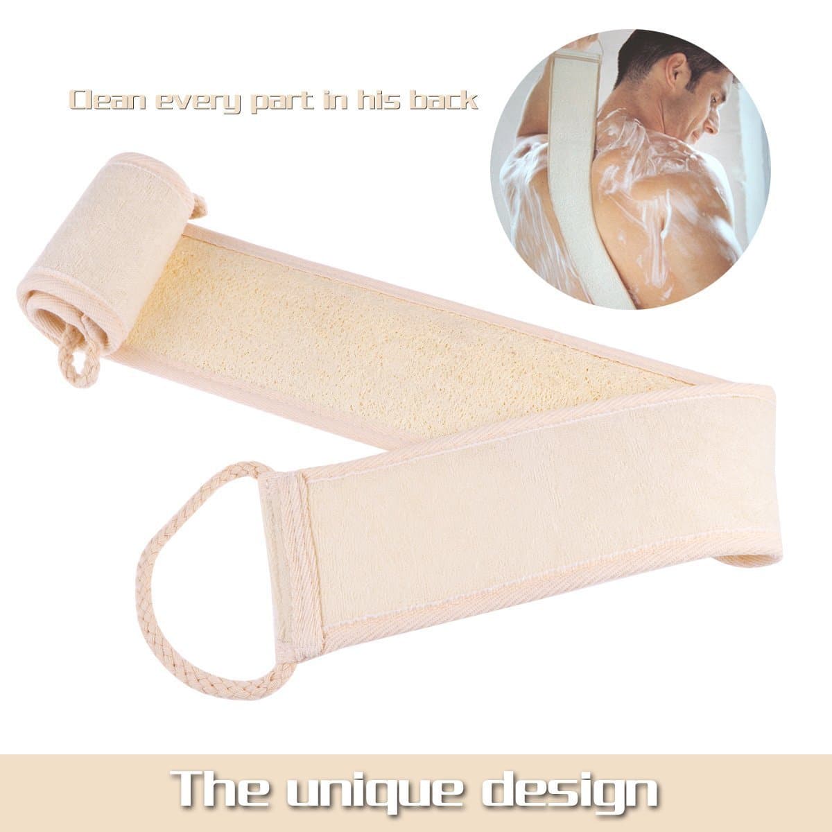 Shower Strap Bath Exfoliating Loofah Back Scrubber Sponge Organic Natural Luffa with Long Cotton Handle (Creamy White Double Side for Using)