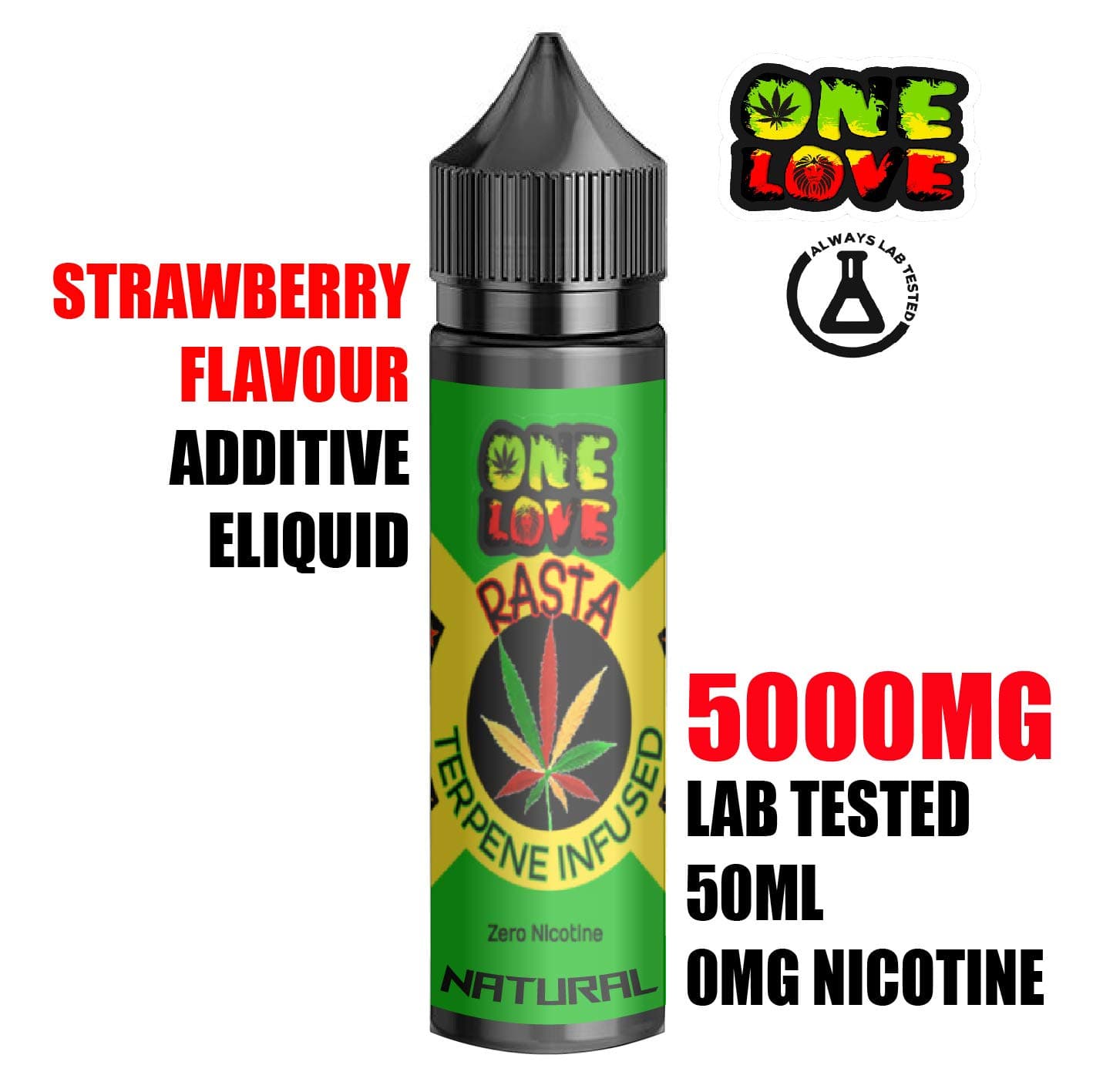 **Reduced for 1 Week** OneLoveRasta 5000mg Strawberry Flavour E Liquid - Helps Pain, Anxiety, Sleep Disorders, Stress - Vape eliquid Zero Nicotine