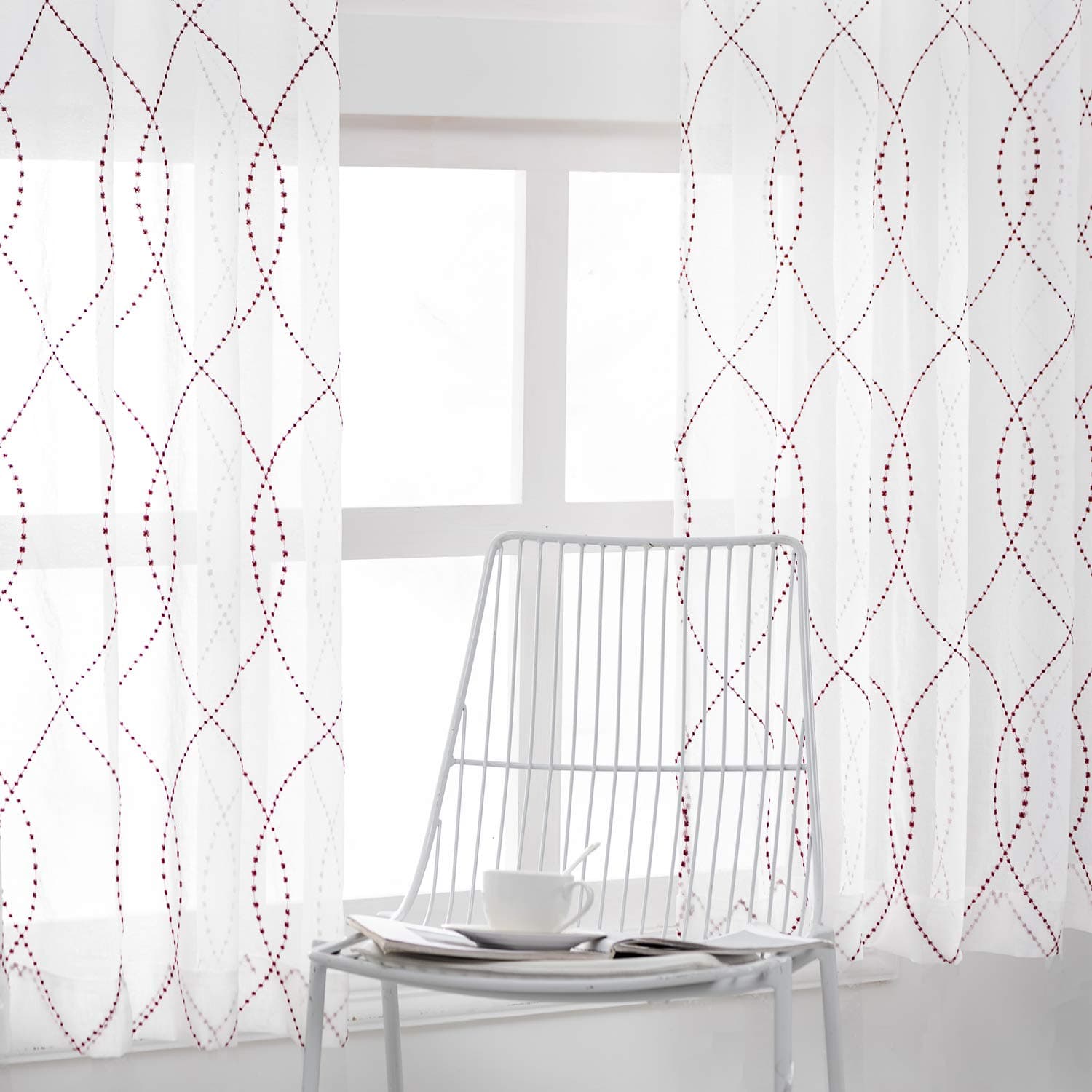 VISIONTEX Moroccan White Voile Sheer Window Curtains Panels, Wine Red Dots Patterned Semi Embroidery Faux Linen Rod Pocket Window Treatment Drapes for Living Room 54 x 95 Inch, Set of 2