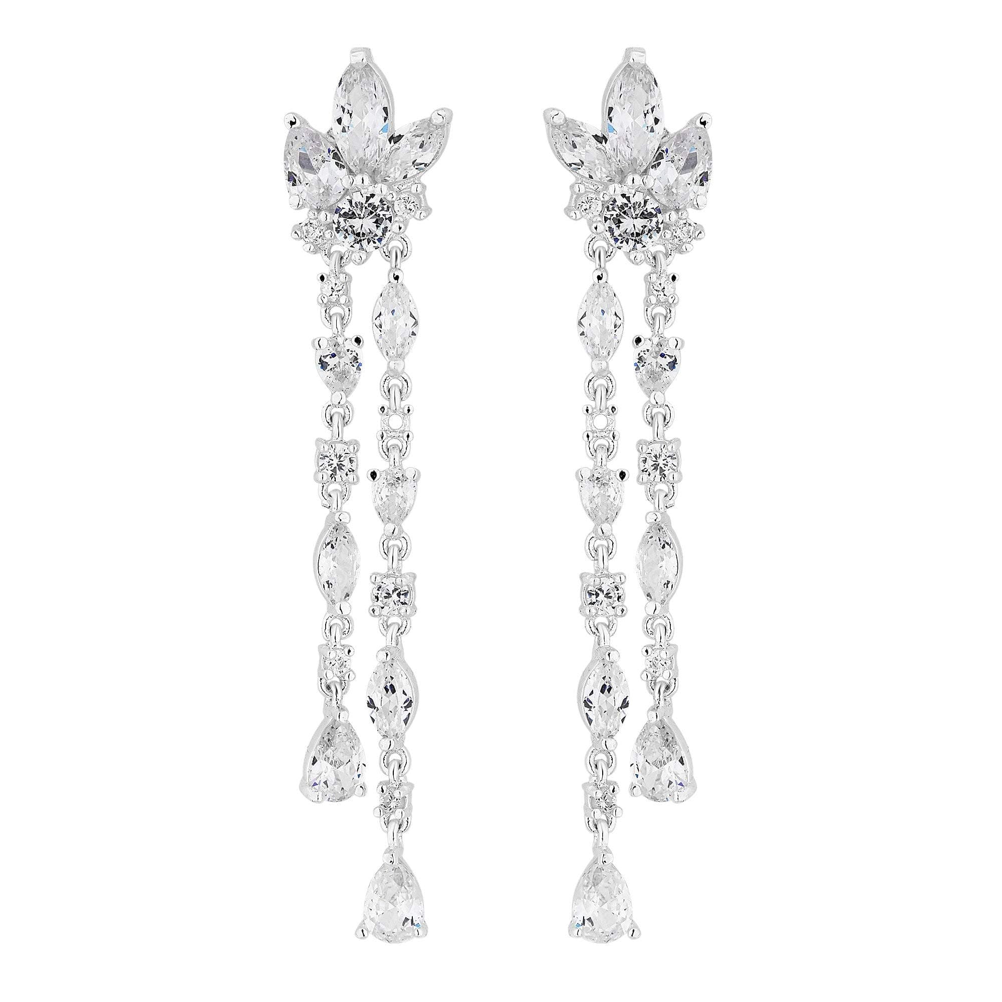 Alan Hannah Devoted Women's Designer Silver Cubic Zirconia Leaf Double Drop Earring