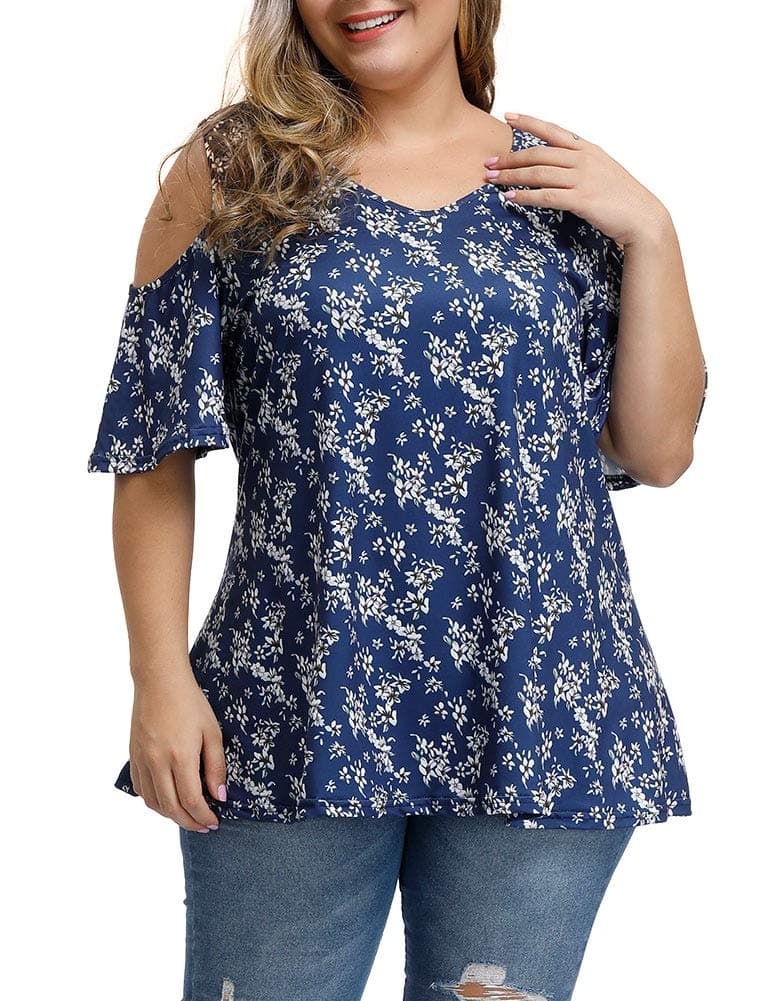 ALLEGRACE Women's Plus Size Summer Cold Shoulder Tunic Top Short Sleeve Tunics V Neck T Shirts
