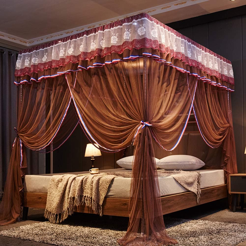 4 Corner Bed Canopy Curtain,romance Lace Mosquito Net,premium Frame Bed Drapes For Single To King Size Beds,quick And Easy To Install-coffee Color King