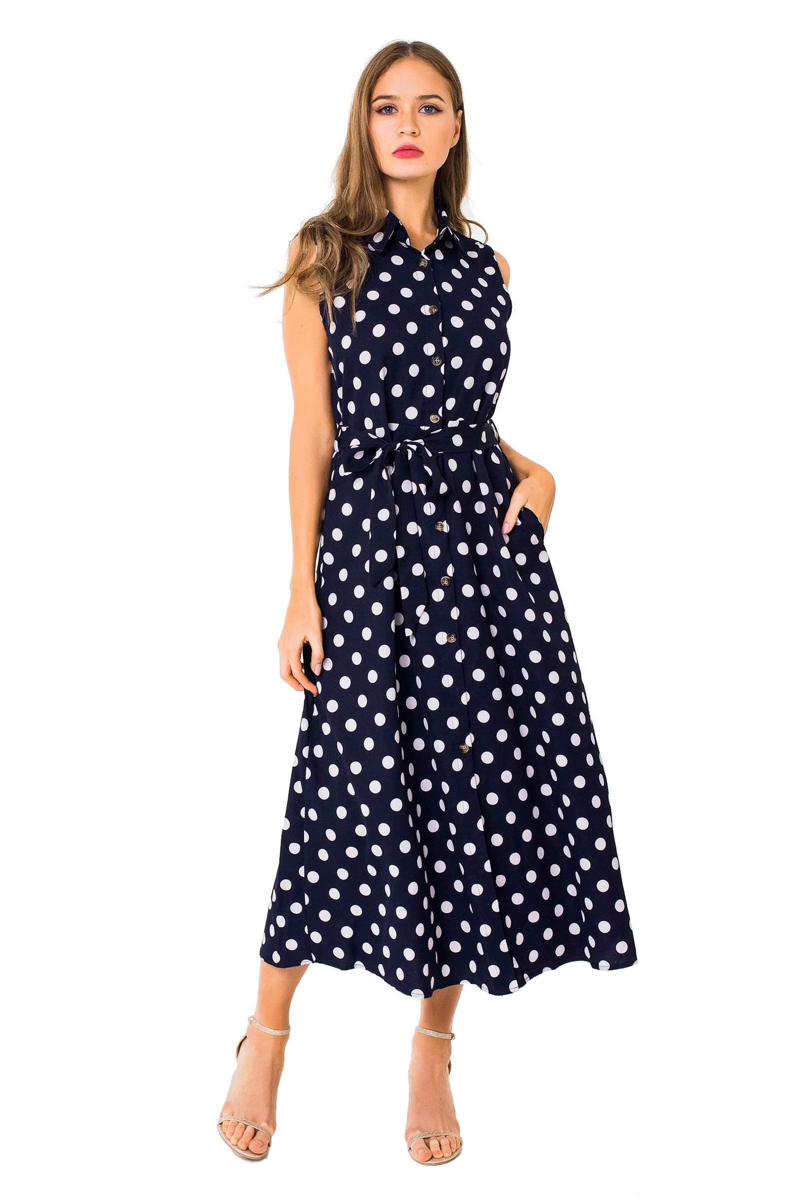 Alice CO Women's Vintage Lapel Collar Polka Dot Button Pockets Casual Work Shirt Dress with Belt