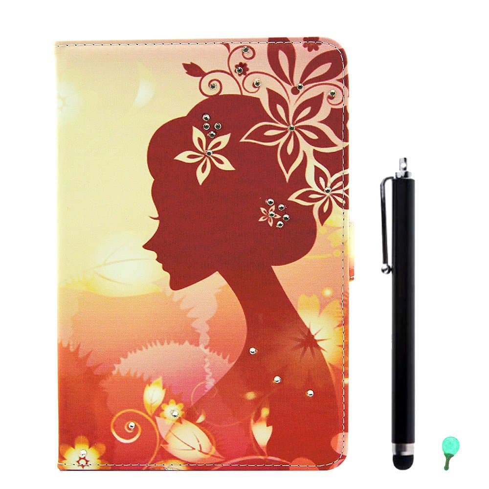 PU Leather Case for Samsung Galaxy Tab A 8.0 SM-T350, Aohro Bling Glitter Beautiful Flowers Series Diamond Folio Flip Stand Cover + Stylus Pen + Dust Plug - Flower Beauty