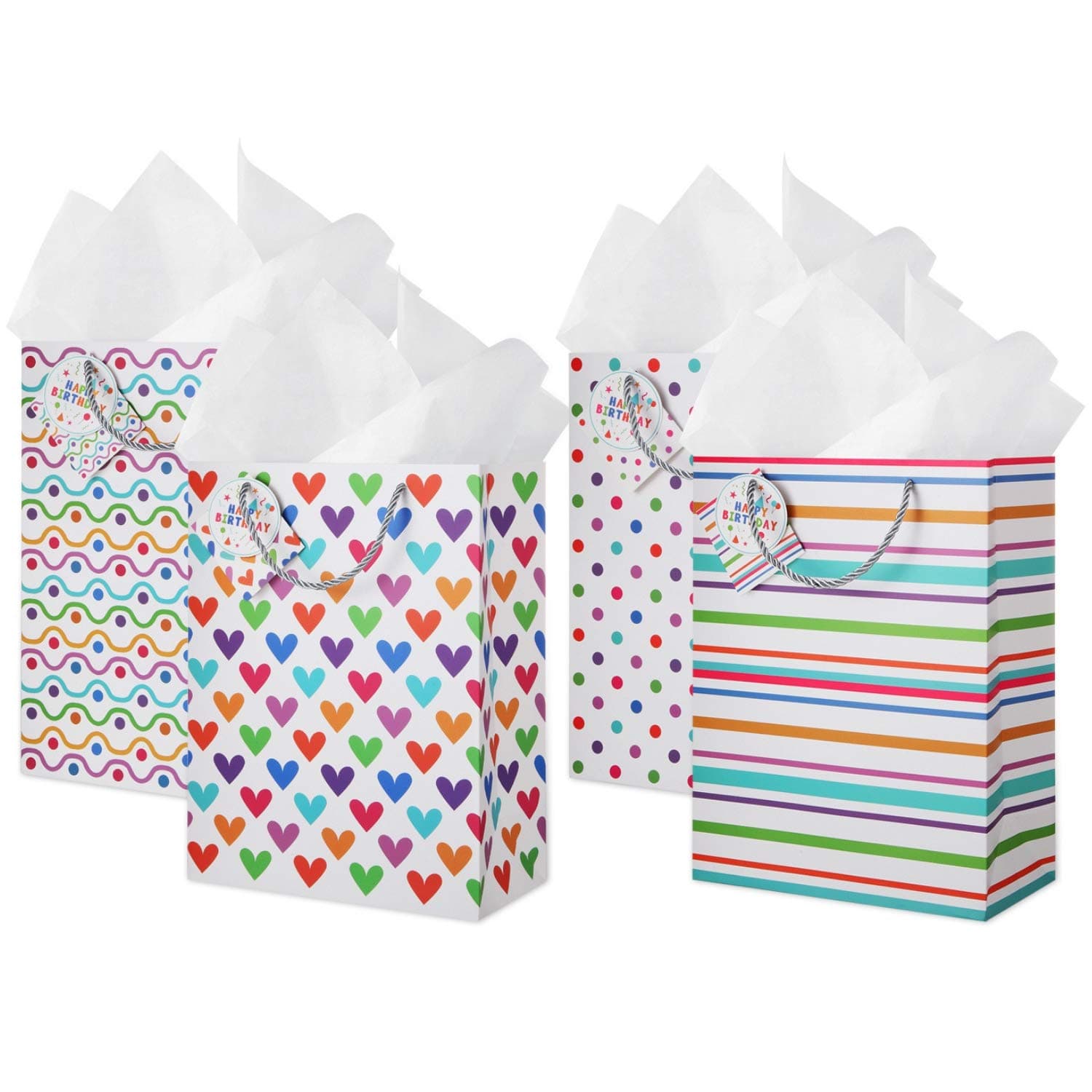 CRANBURY Large Gift Bags: (4 Pack) Assorted 4 Designs Gift Bags with Tissue Paper, Birthday Gift Bags for Kids, Bags with Tissue Paper, Gift Bags for Boy or Girl Birthday Party Gift Bag