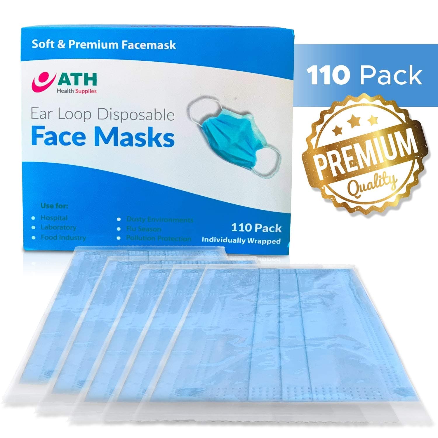 Premium Medical Face Masks - Disposable Face Masks W/Solid Filter to Help Block Pollutants - Finest Fabric for Max Softness, Individually Wrapped to Retain Sterility - Surgical Mask