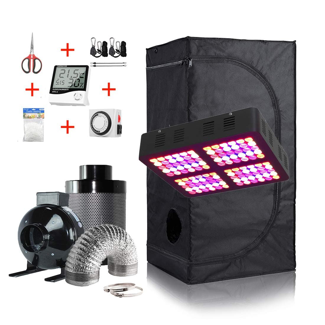 GreenHouser Grow Tent Room Complete Kit Hydroponic Growing System LED 300W/ 600W/ 800W Grow Light + 4" Carbon Filter Combo + Multiple Size Dark Room (600W LED Light, 24''x24''x48'' Tent Kit)