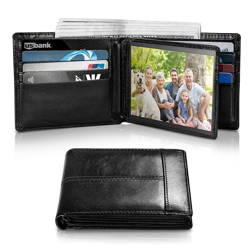 Mens Wallet RFID Genuine Leather Bifold Wallets For Men, ID Window 16 Card Holders Gift Box