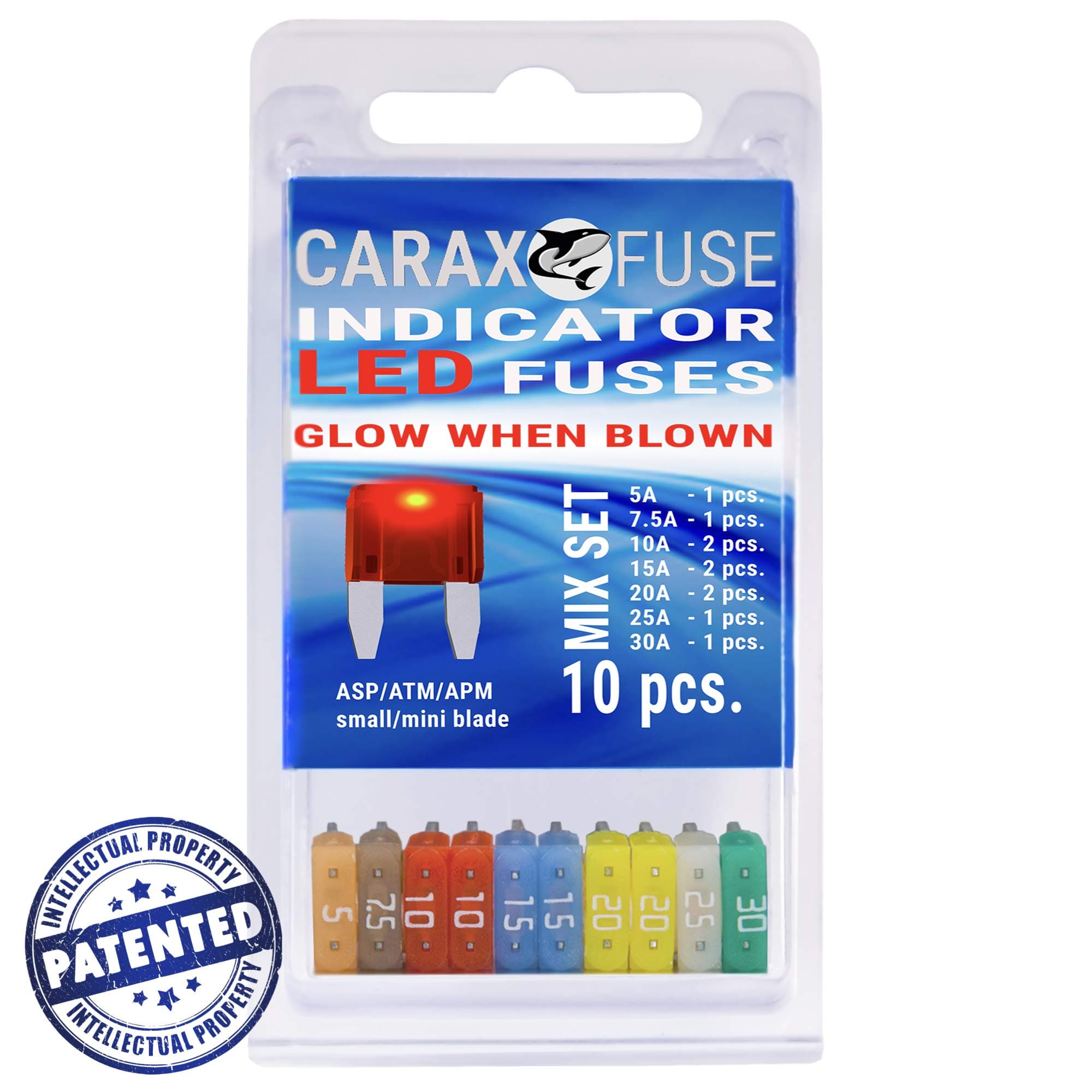 Fuse MINI Blade - 10 Pack MIX - Smart GLOW Fuse - Car Fuse Automotive ATC/ATO - Fuses Replacement - Easy Identification - Illuminating Indicator Fuse That Glow When Blown - CARAX Smart Fuse 10 pcs.