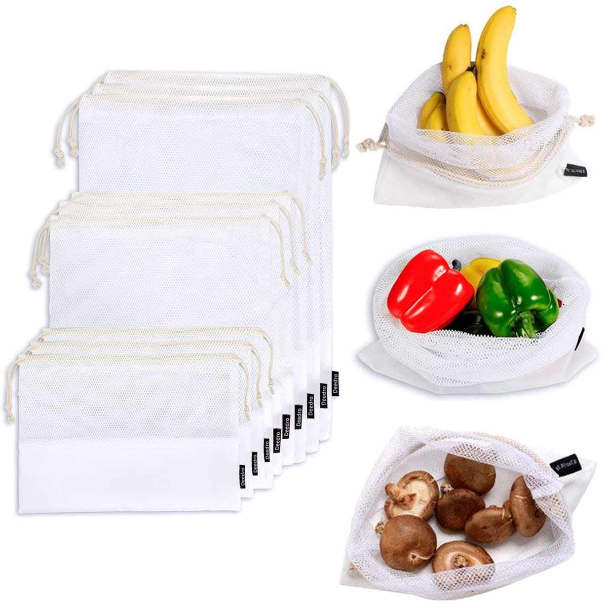 Reusable mesh produce bags - Deedro Premium Zero Waste Eco Friendly Washable Bags with Tare Weight on Tags and Bamboo Fabric Bottom for Grocery Shopping Storage, Lightweight See-Through Bags Set of 9