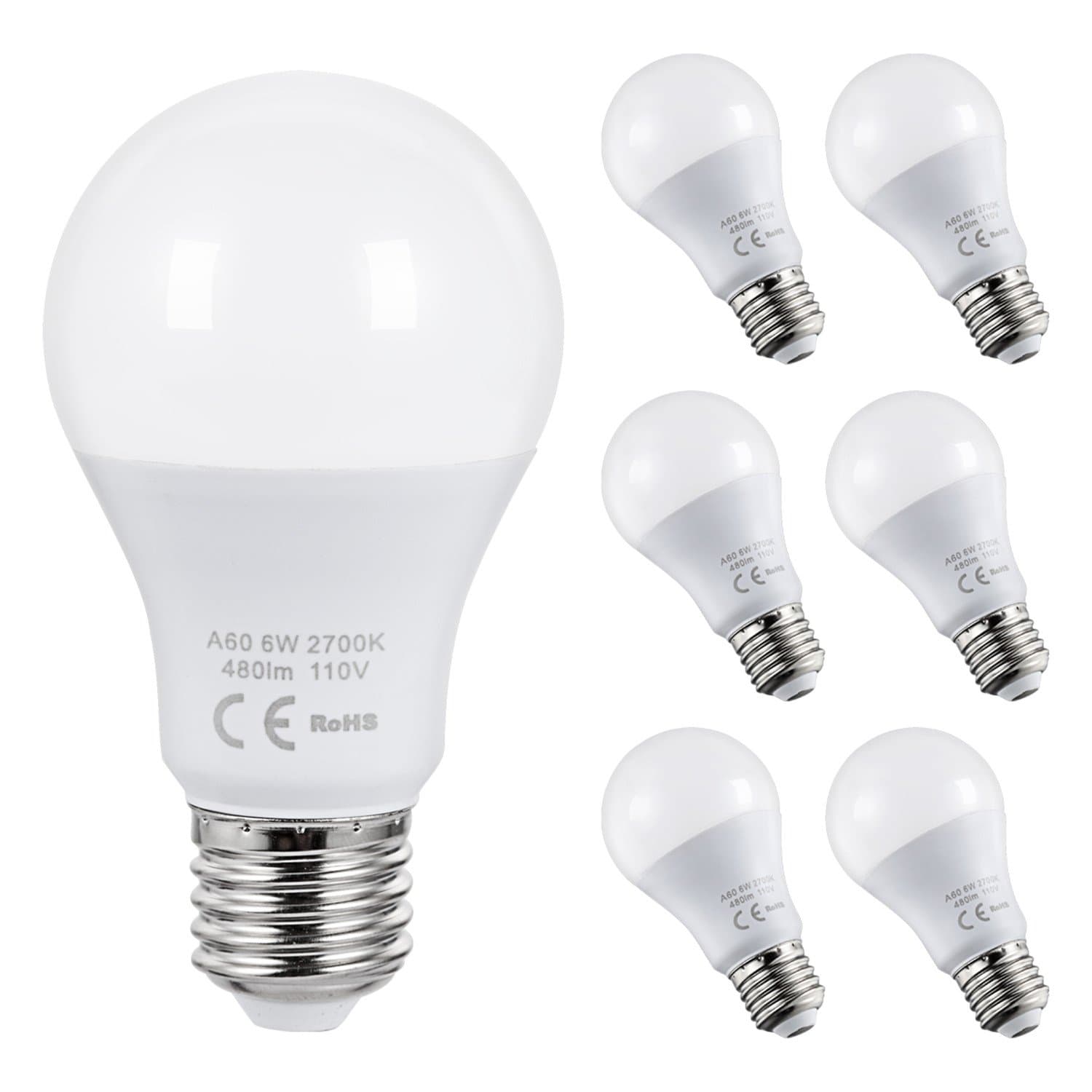 AED Lighting 6 Watt LED Globe Bulbs A60/A19 Warm White 2700K LED Light Bulbs, 60W Equivalent Replacement Medium Screw Base E27/E26 Bulb, Non-dimmable 480lm, Pack of 6