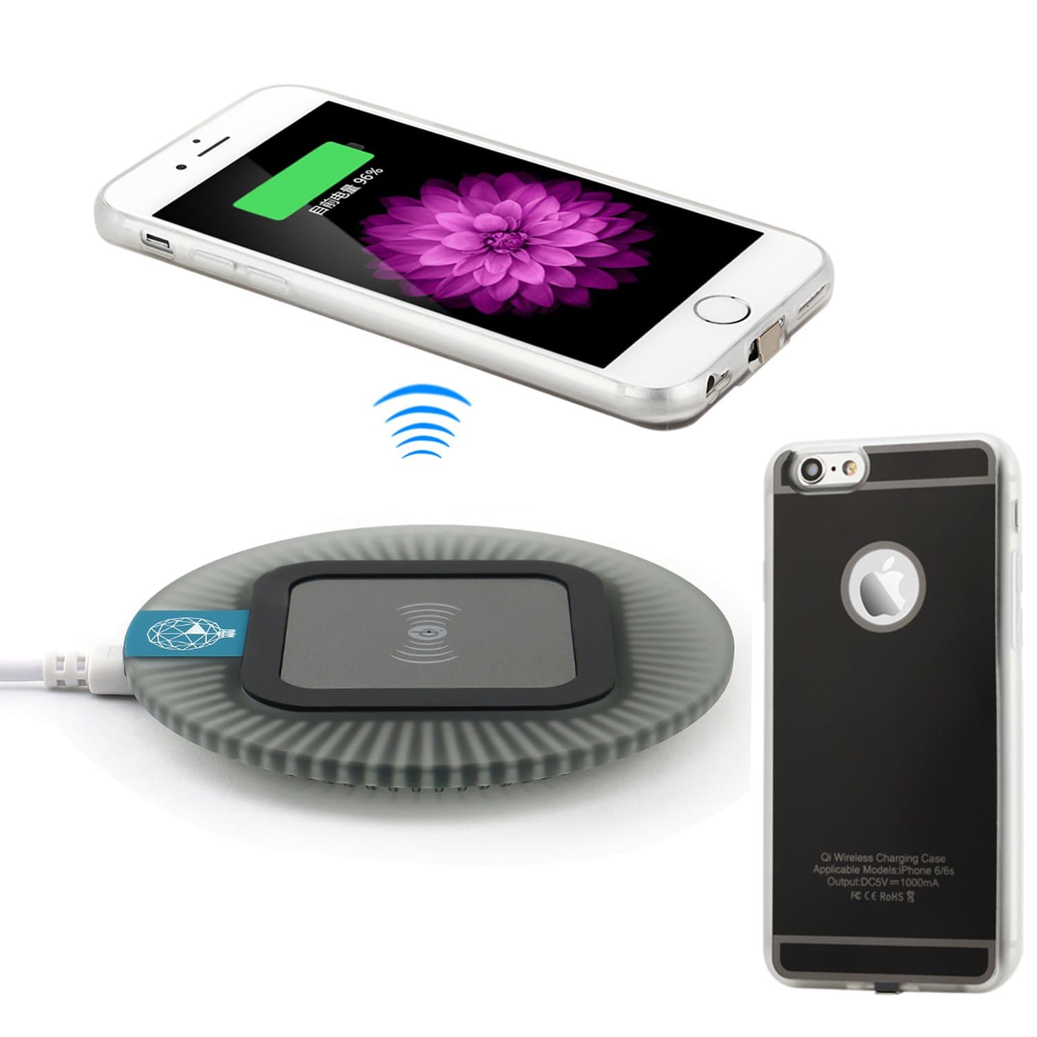 Antye Qi Wireless Charger Kit for iPhone 6 Plus/6S Plus (5.5 Version), Includes Slip-Proof Wireless Charging Pad, Wireless Charging Receiver Case TPU Cover with Flexible Lightning Connector, Black