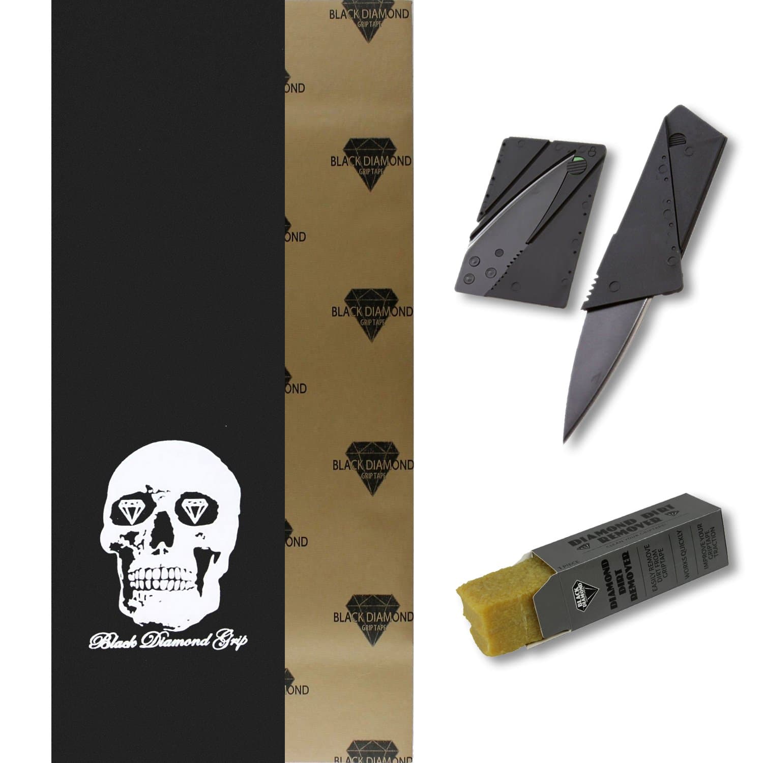 Black Diamond Skateboard Griptape 9" x 33" Grip Tape + Grip Knife + Grip Cleaner