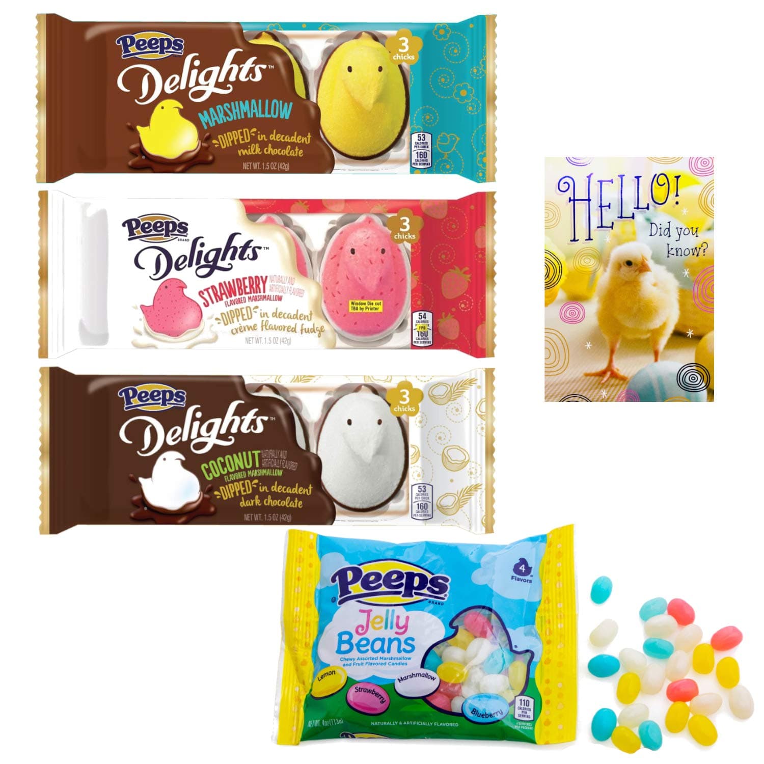 Easter Peeps Marshmallow Chicks Delights Chocolate Variety 3 Flavors – Coconut in Decadent Dark Chocolate, Strawberry in Crème Flavored Fudge, Milk Chocolate Bundle Peeps Jelly Beans with Gift Tag