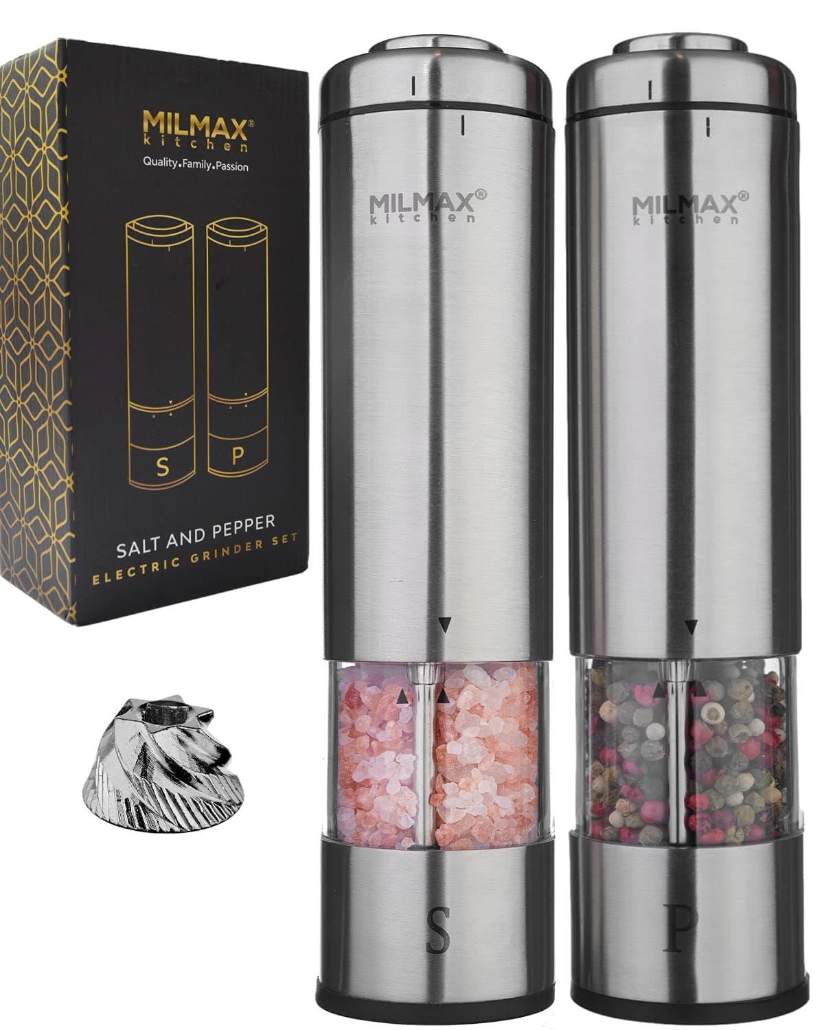 Milmax Kitchen Electric Salt and Pepper Grinder Set-Durable Stainless Steel Salt and Pepper Shakers set w/ Led Light - Automatic Salt and Pepper Grinder set