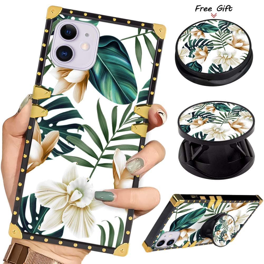Square Phone Case iPhone 11 Pro Max 6.5 Inch 2019 Leaves and Flowers Retro Elegant Soft TPU Design Cover
