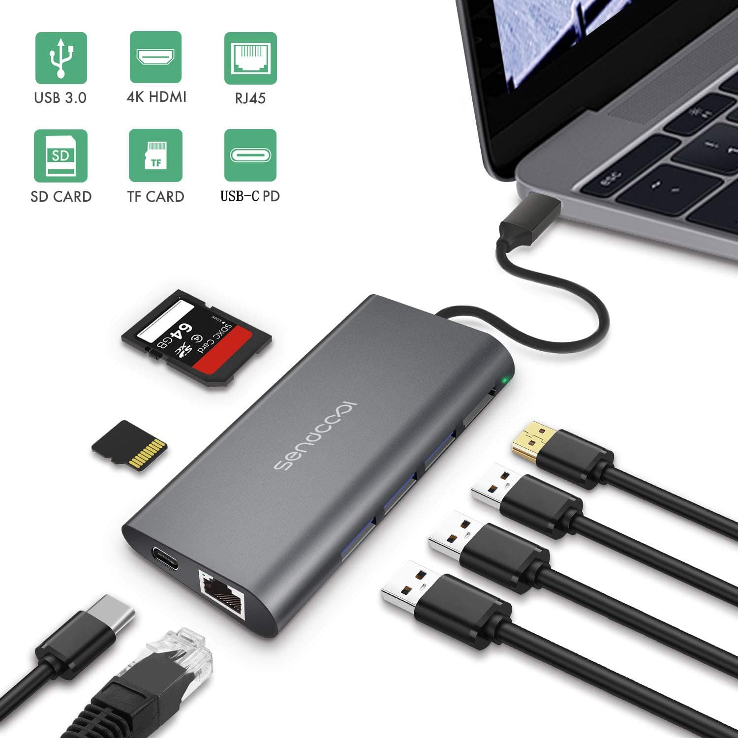 USB-C Hub - 8 in 1 Ultra Compact Type C Dongle Compatible MacBook Pro, Chrome Pixel, HP, Dell XPS with 4K HDMI, USB3.0,Ethernet Port, USB-C Power Delivery, SD/TF Card Reader