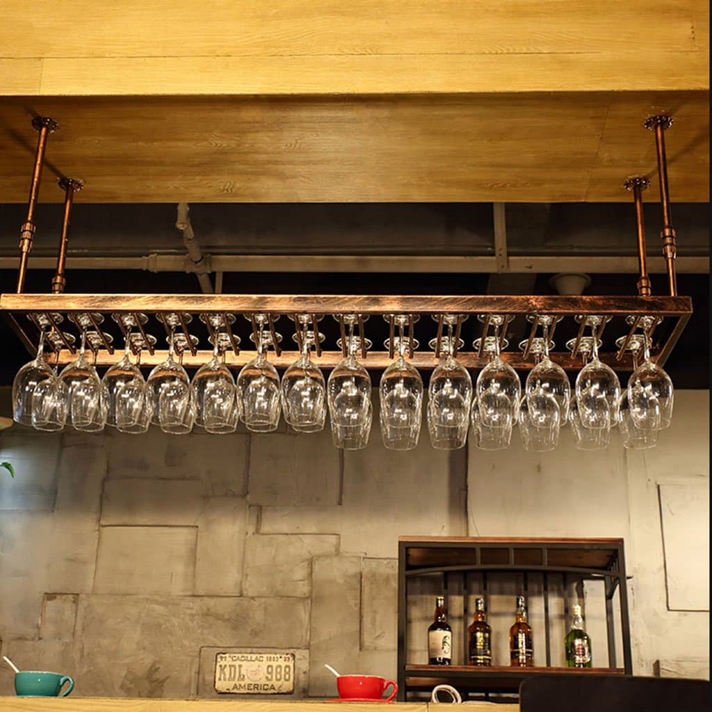 GQSS Wine Rack Wine Rack Upside Down American Loft Rack Wrought Iron Bar Wine Rack Industrial Wind Display Rack Hanging Wine Glass Holder desk lamp (Color : Retro copper, Size : 80cm*35cm)