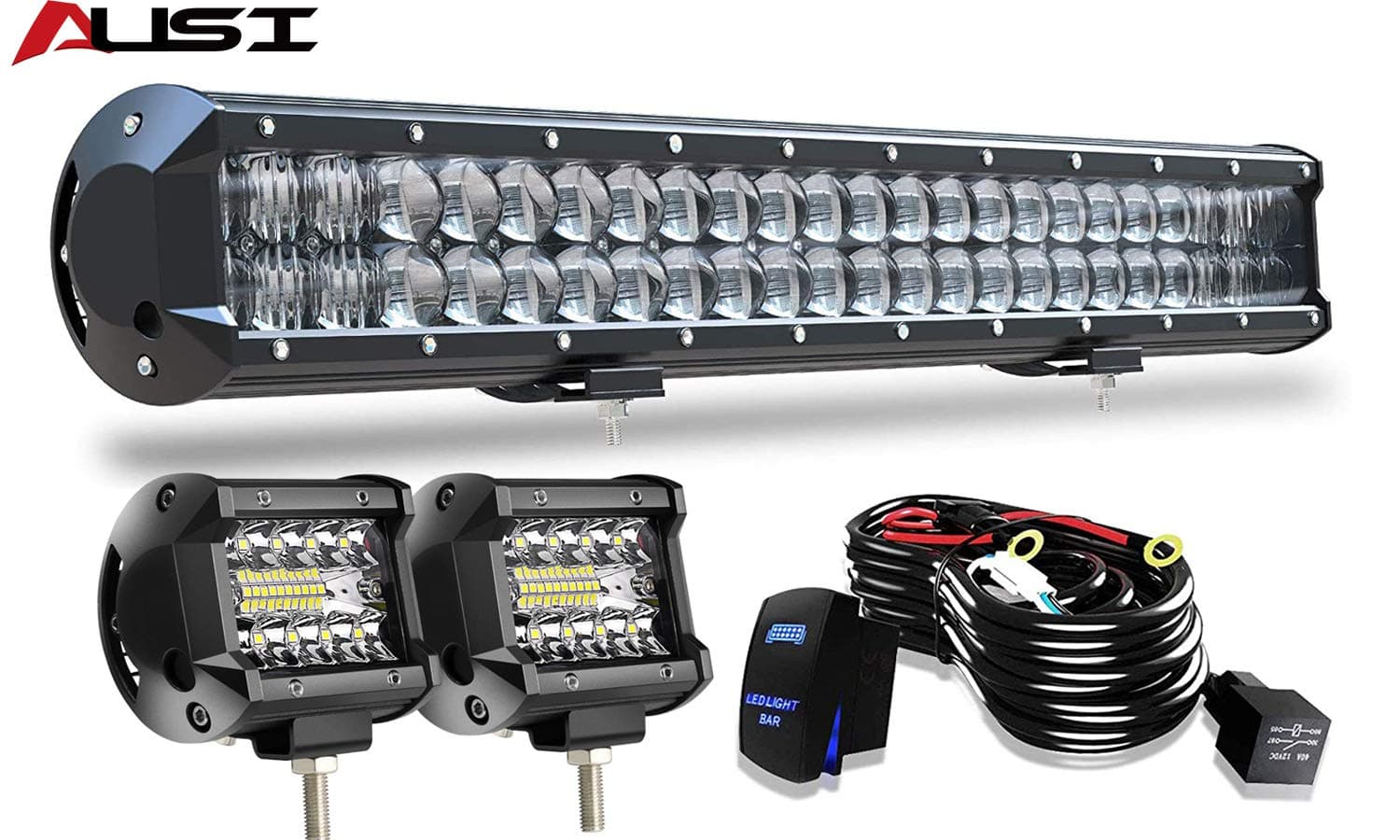 20" LED Light Bar AUSI 126W 5D Light Bar Offroad Driving Lights+2Pcs 4" 60W LED Cube Pods Fog Lights with Rocker Switch Wiring Harness for Trucks Polaris SUV ATV UTV Boat