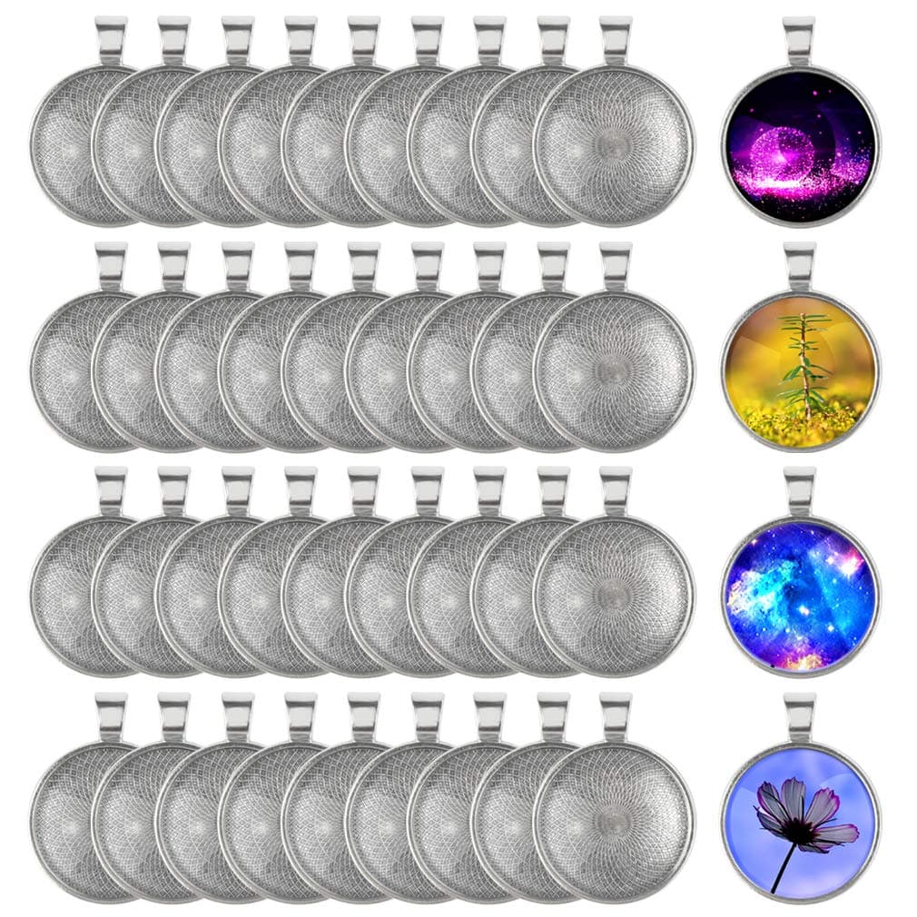 Yolyoo 40 Pcs Silver Pendant Tray with 40 Pcs Transparent Glass cabochons Round Pendant Bezel 1 inch/25mm for Crafting DIY Jewelry Gift Making