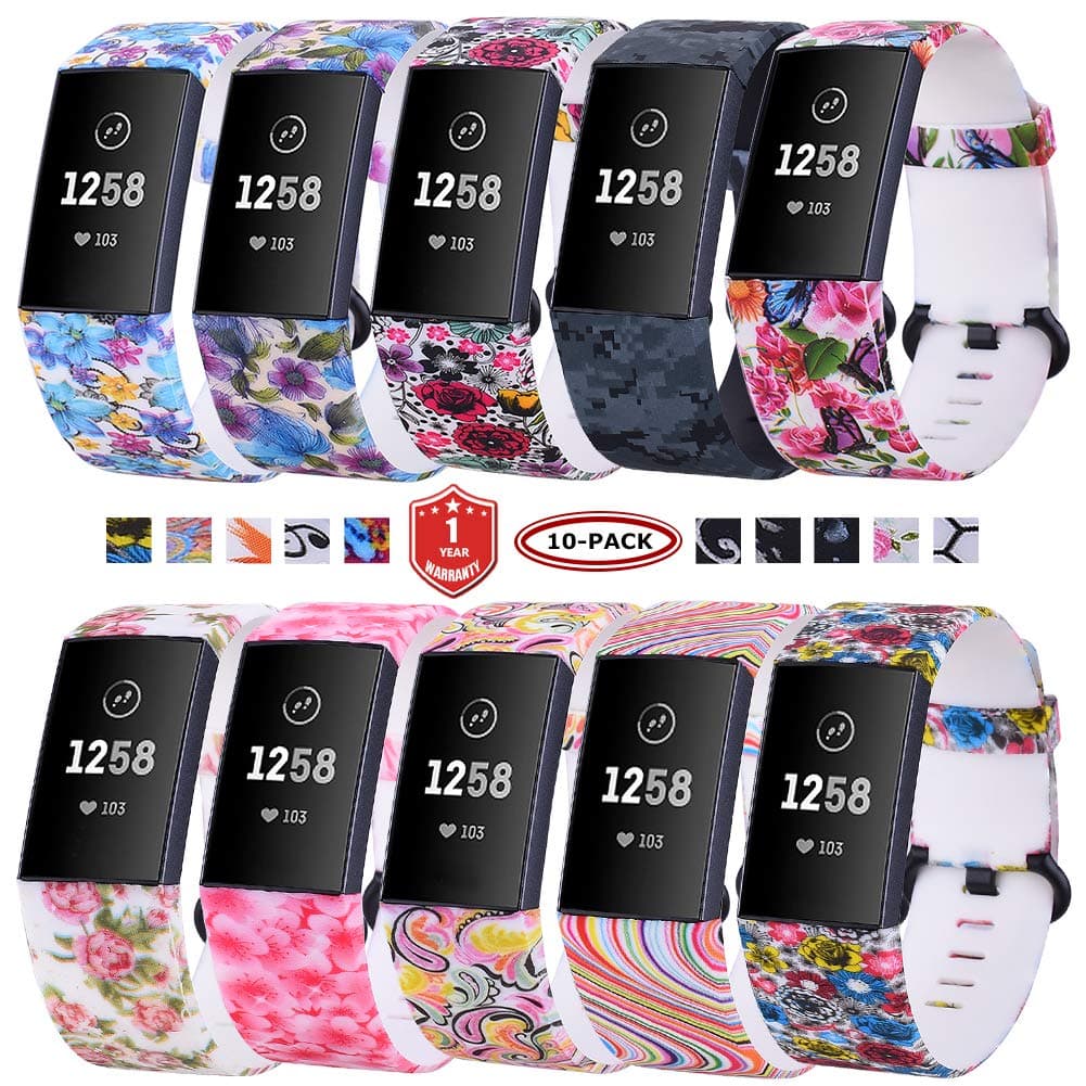 FunBand Compatible with Fitbit Charge 3 Strap Bands,Unique Elegant Floral Pattern Printed Soft Silicone Sport Adjustable Replacement Bracelet for Fitbit Charge 3 Fitness Activity Wristband