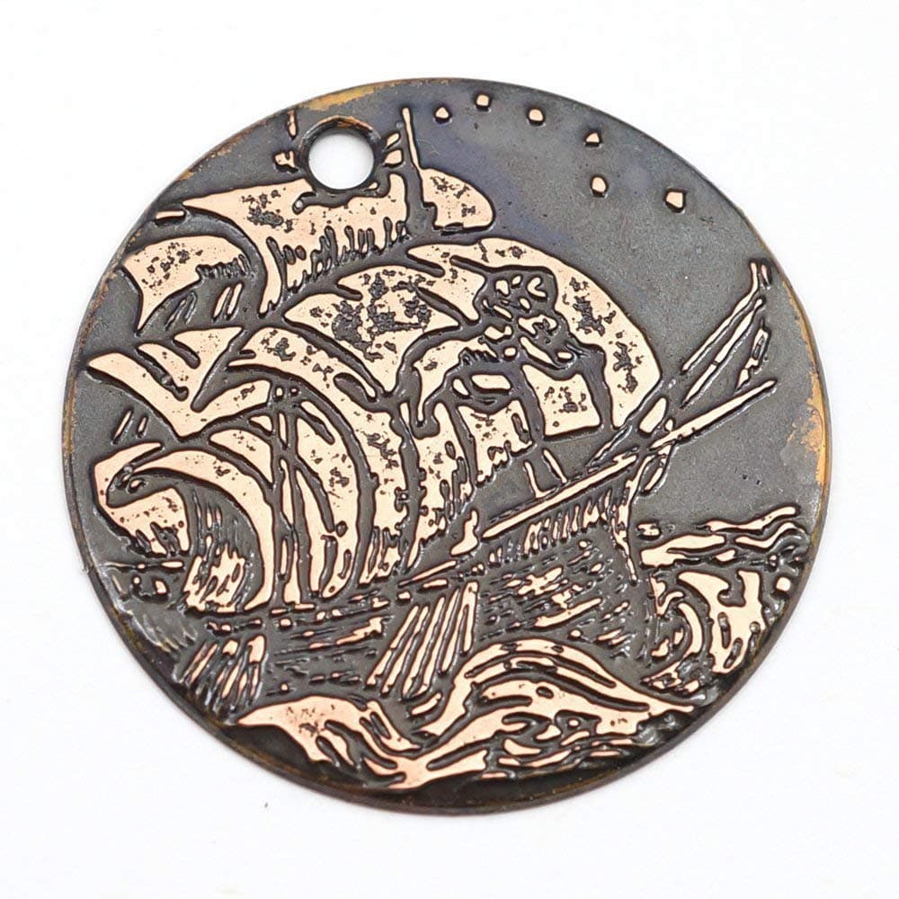 Etched copper lion ship pendant, round flat etching, 28mm