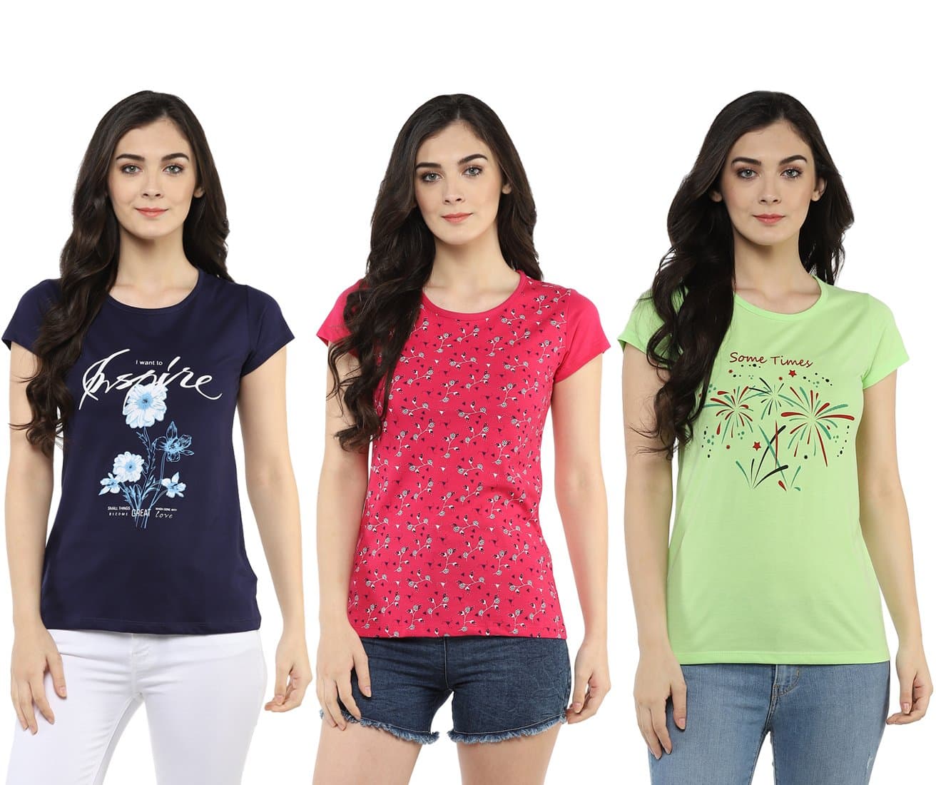 Women's T-Shirt (Pack of 3) (7100-COMBO2_Multicolored_Medium)