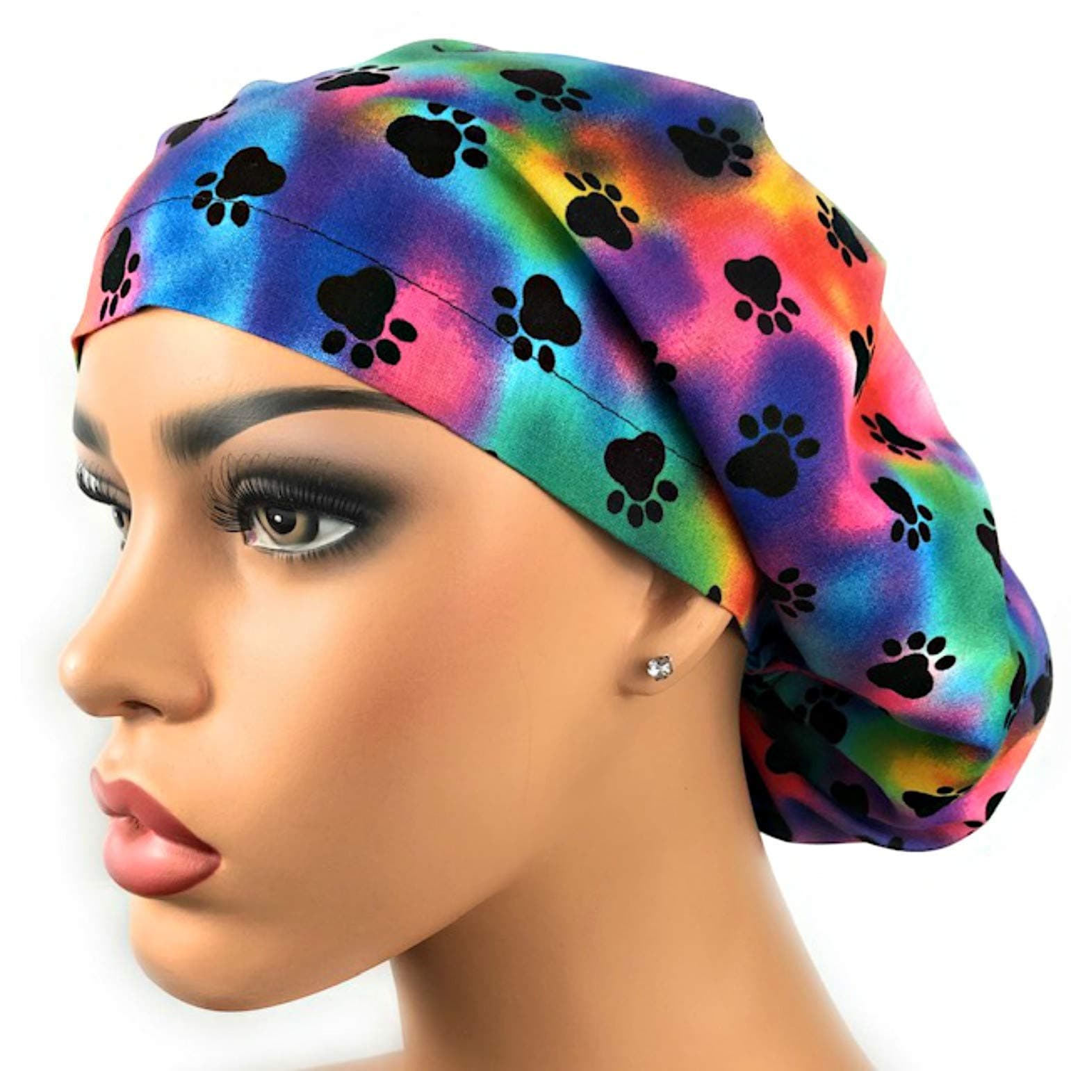 Women’s Adjustable Scrub Hat Euro Bouffant Cap Paw Prints Multicolor