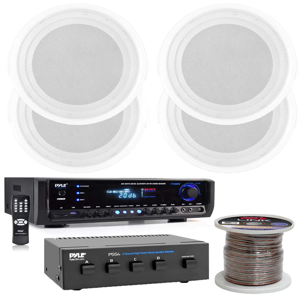 Pyle Digital Home Theater Bluetooth Stereo Receiver (4) 8'' Full Range Speaker Flush Mount Enclosure System with 100Ft Speaker Wire and 4 Ch. Speaker Selector