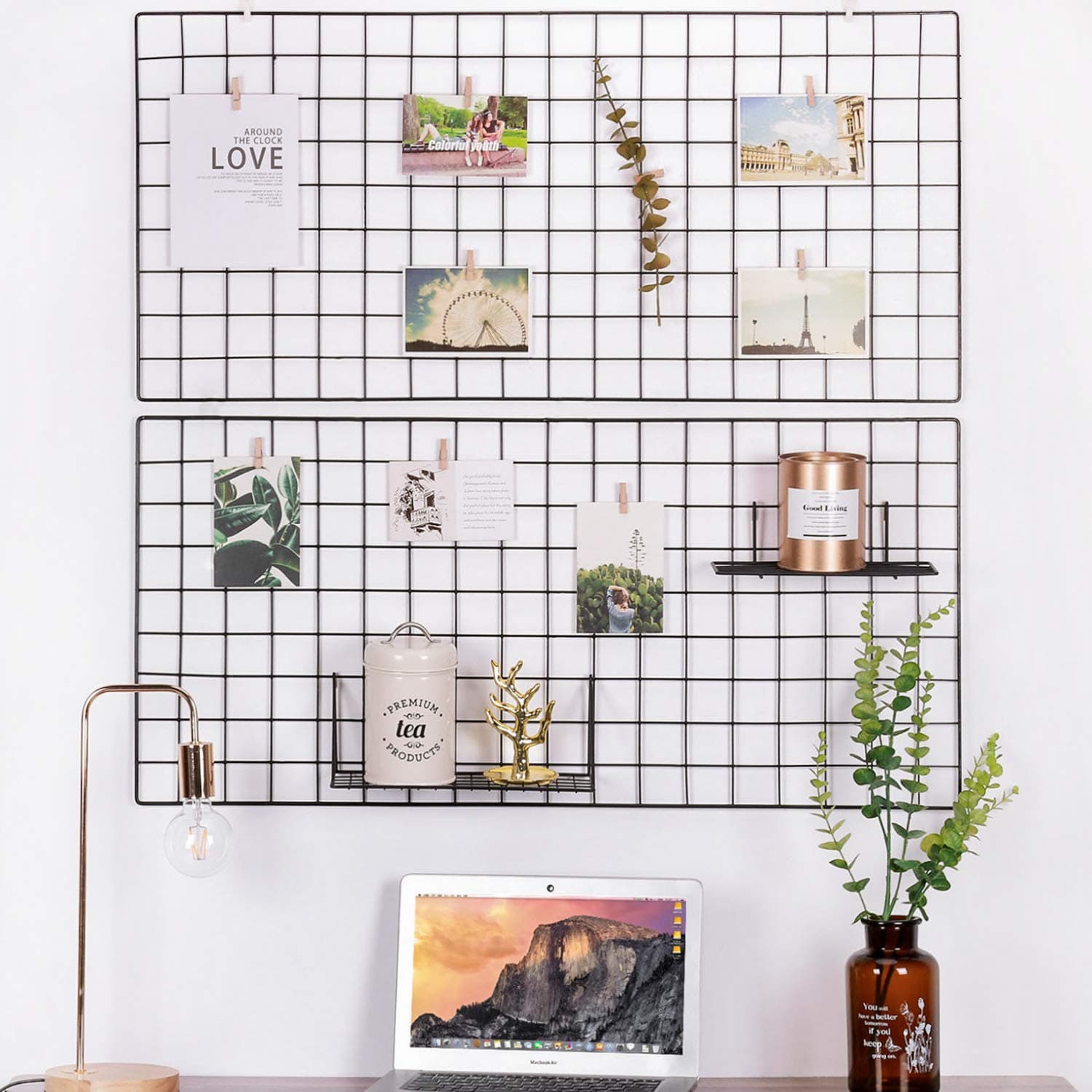 Kaforise Vinyl Dipped Wire Wall Grid Panel, Multifunction Photo Hanging Display and Wall Storage Organizer, Pack of 2, Size 17.7"x37.4", Black
