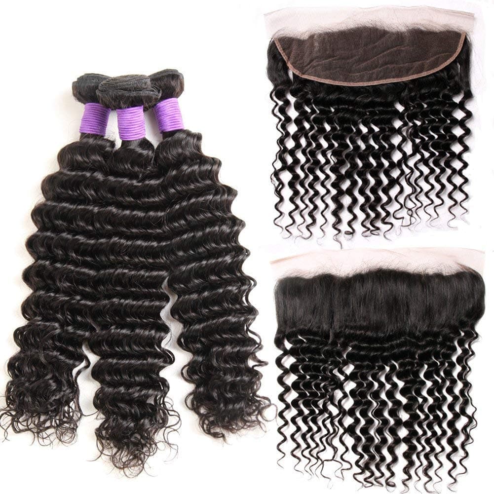 Miss Flower 8A Peruvian Virgin Hair Deep Wave Bundles with Frontal Deep Curly Virgin Hair Lace Frontal with Bundles Peruvian Curly Virgin Hair with Frontal (16 16 16+14frontal, Natural Color)